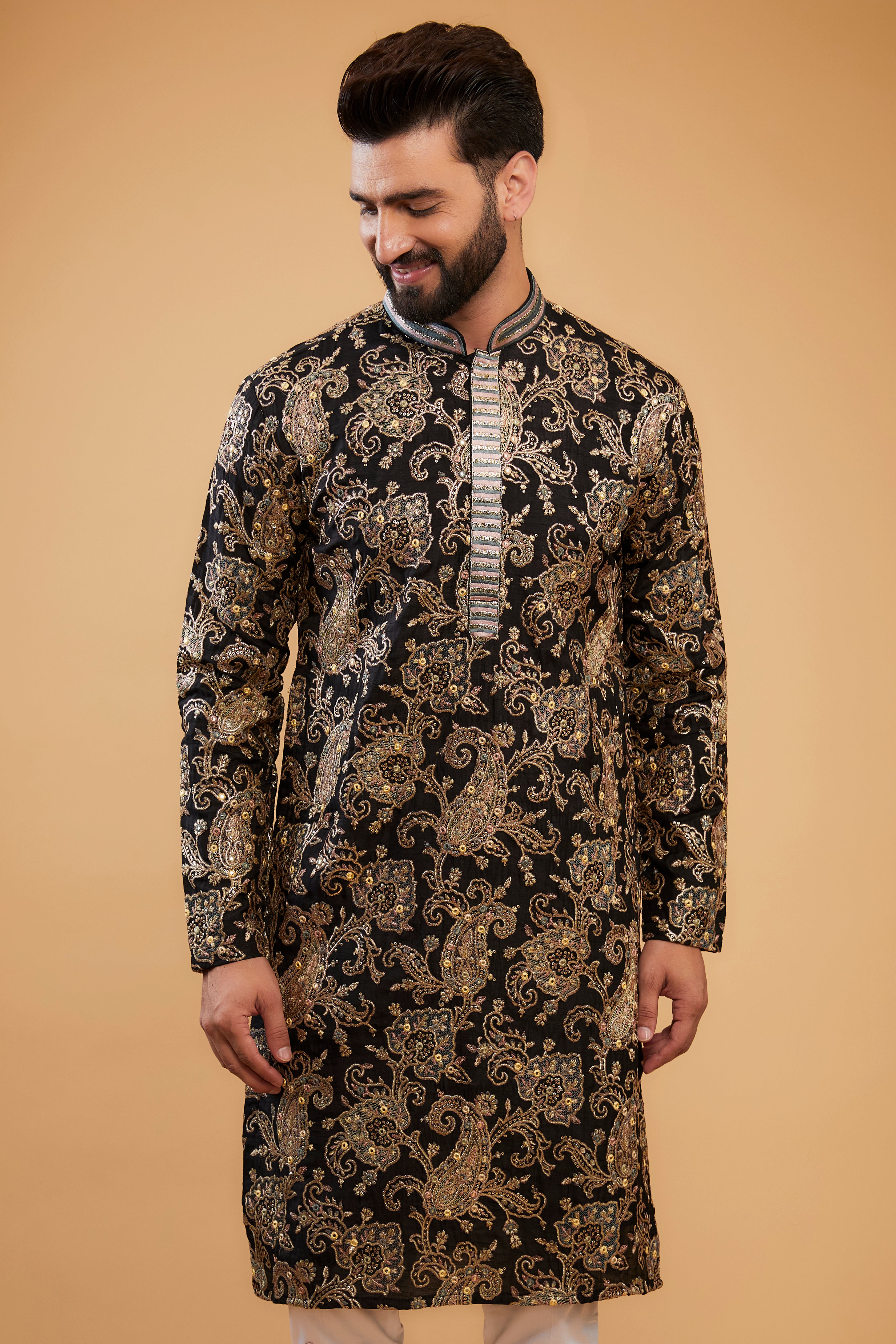 Black kashmiri heavy chikankari kurta with hand embroidered neckline. - kasbahmen