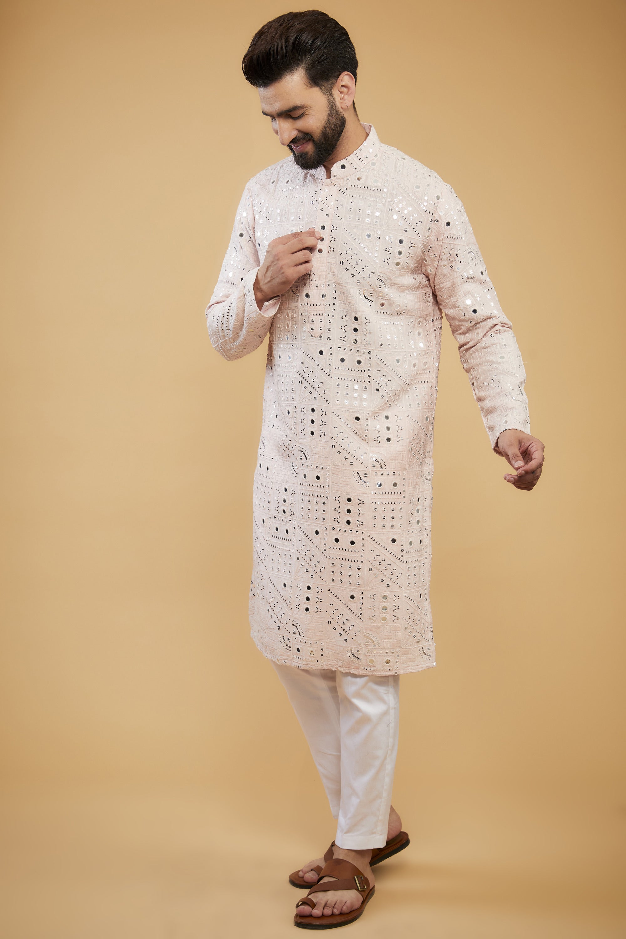 Classic baby pink mirror-work kurta - kasbahmen