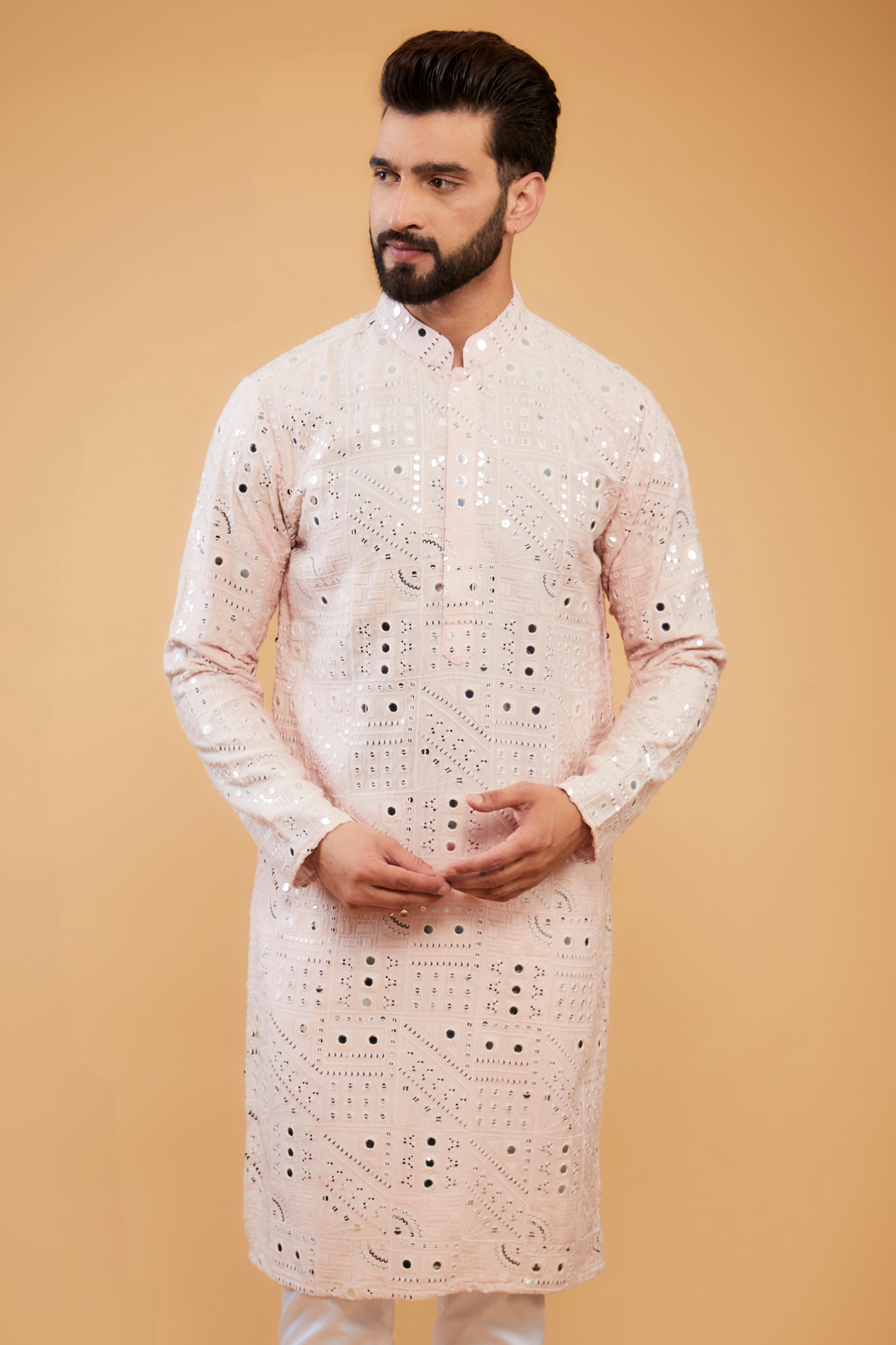 Classic baby pink mirror-work kurta - kasbahmen