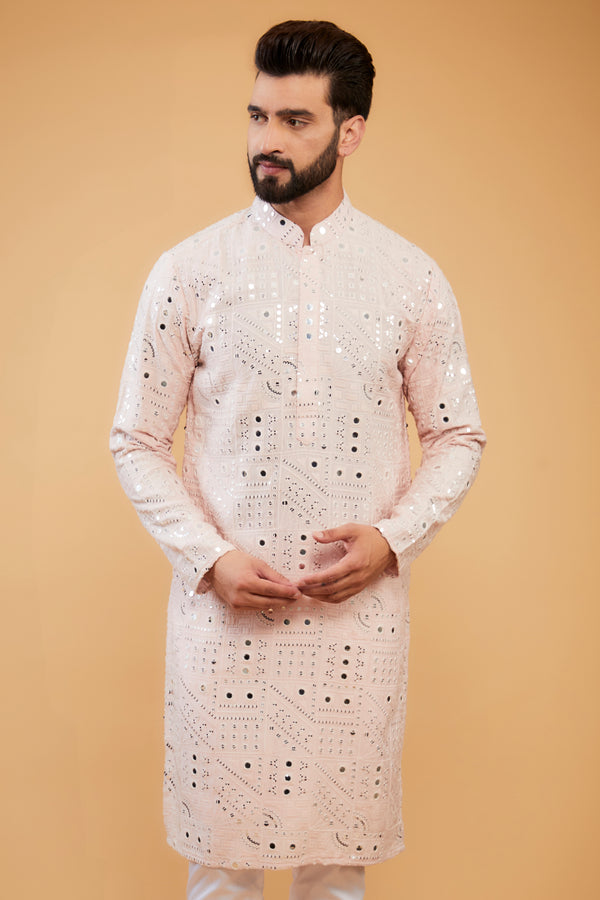 Classic baby pink mirror-work kurta