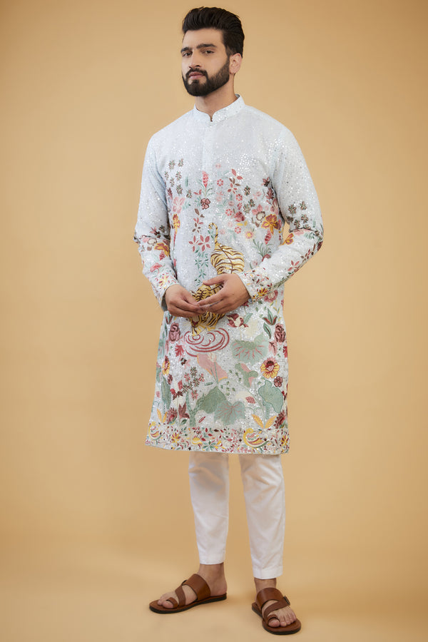 Powder Blue Flora-fauna embroidered kurta with intricate multi-threadwork and tone-to-tone sequins. - kasbahmen