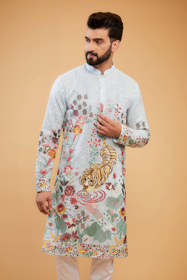 Powder Blue Flora-fauna embroidered kurta with intricate multi-threadwork and tone-to-tone sequins. - kasbahmen