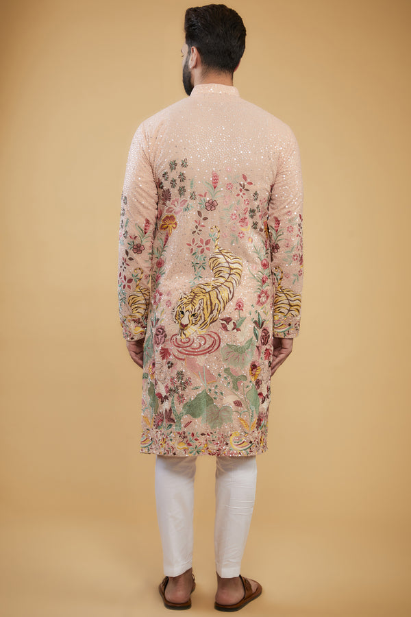 Peach Flora-fauna embroidered kurta with intricate multi-threadwork and tone-to-tone sequins. - kasbahmen