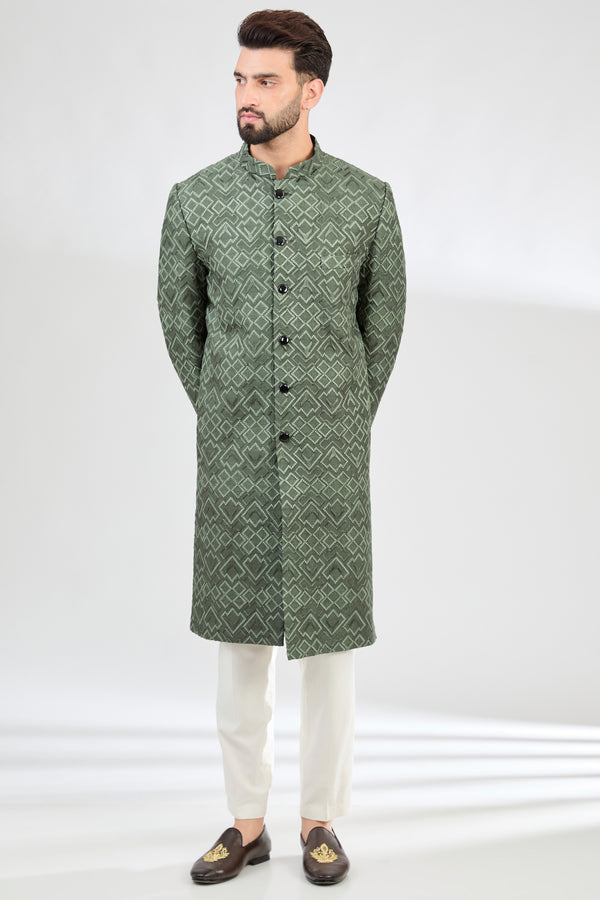 Military green geometrically embroidered sherwani. - kasbahmen