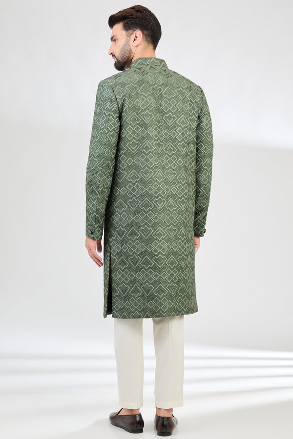 Military green geometrically embroidered sherwani. - kasbahmen