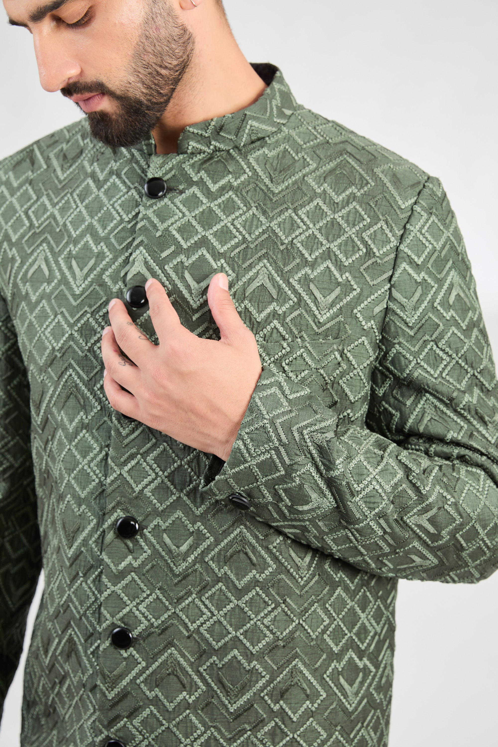 Military green geometrically embroidered sherwani. - kasbahmen