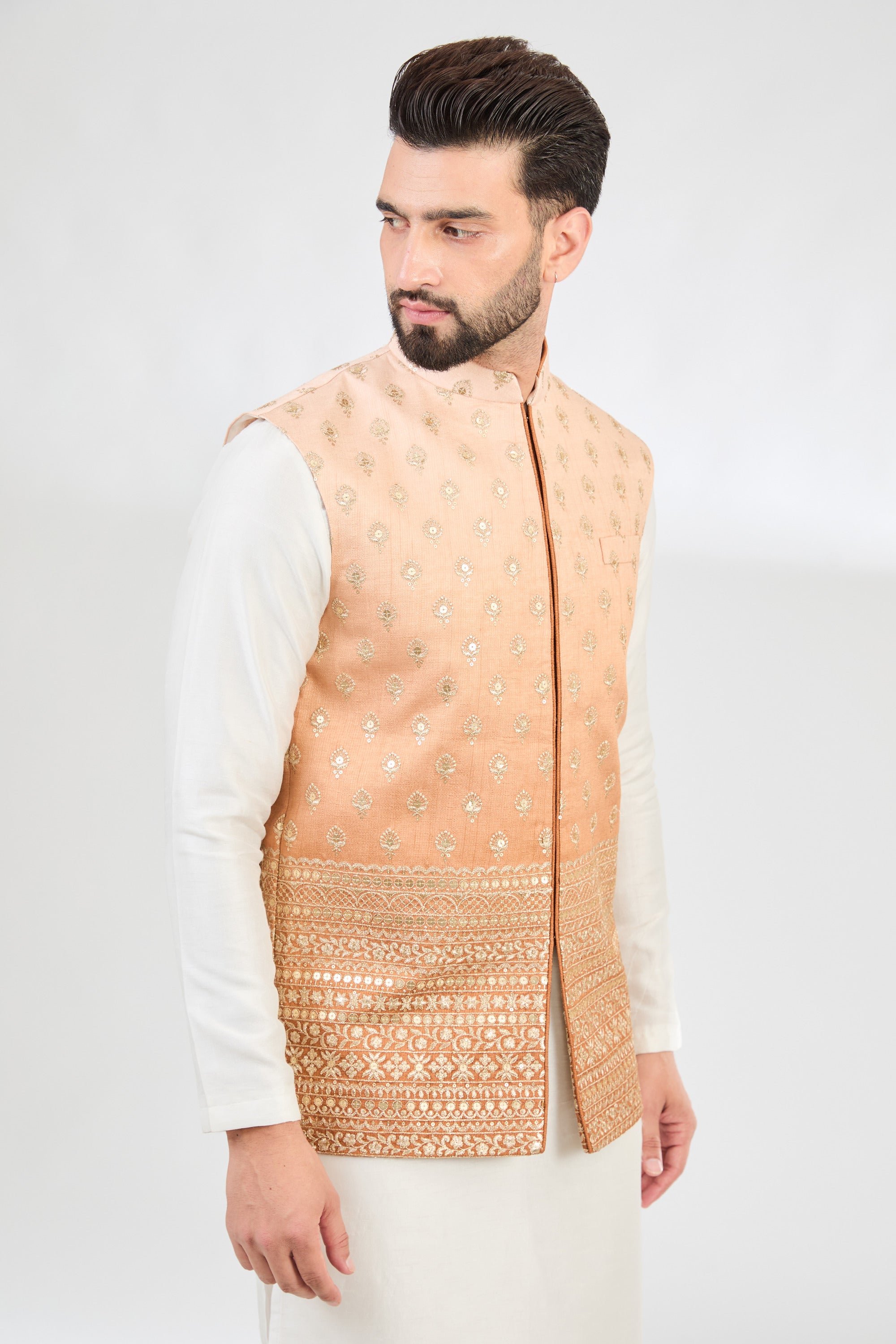 Ombre shaded coral peach nehru jacket with zari embroidery. - kasbahmen