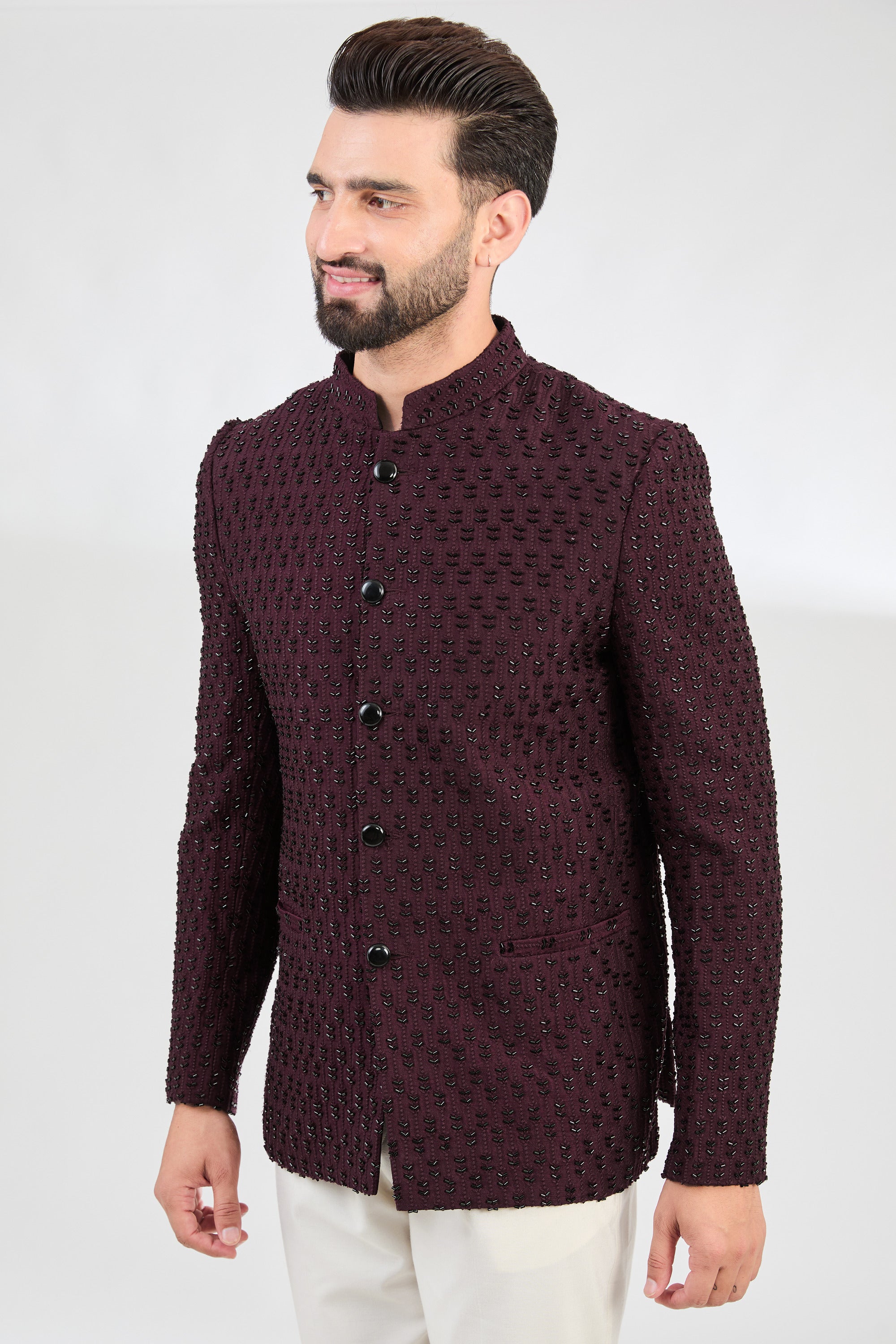 Signature Wine Bandhgala with detailed cut-dana embroidery. - kasbahmen