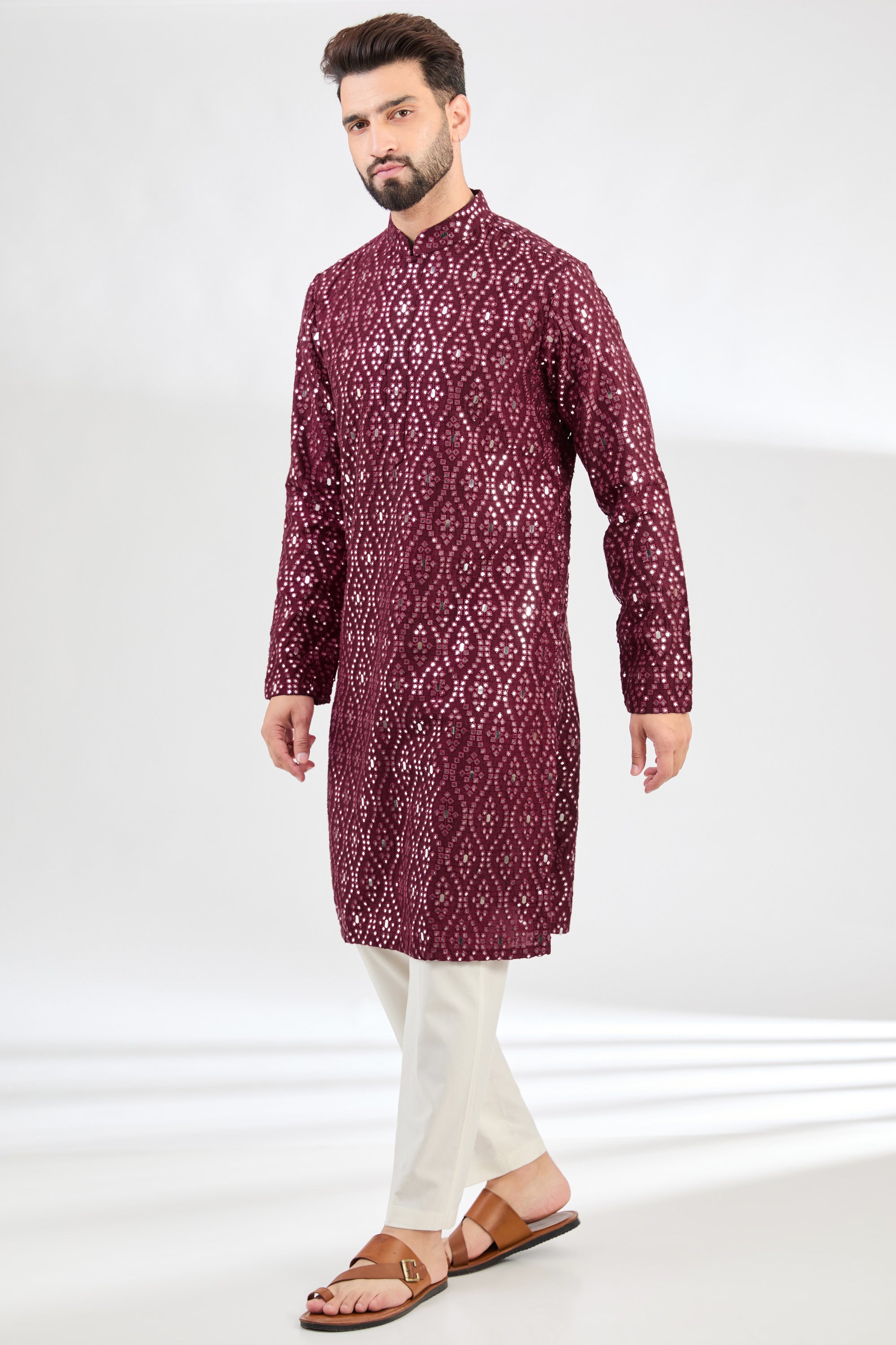 Burgendy classic mirror-work kurta - kasbahmen