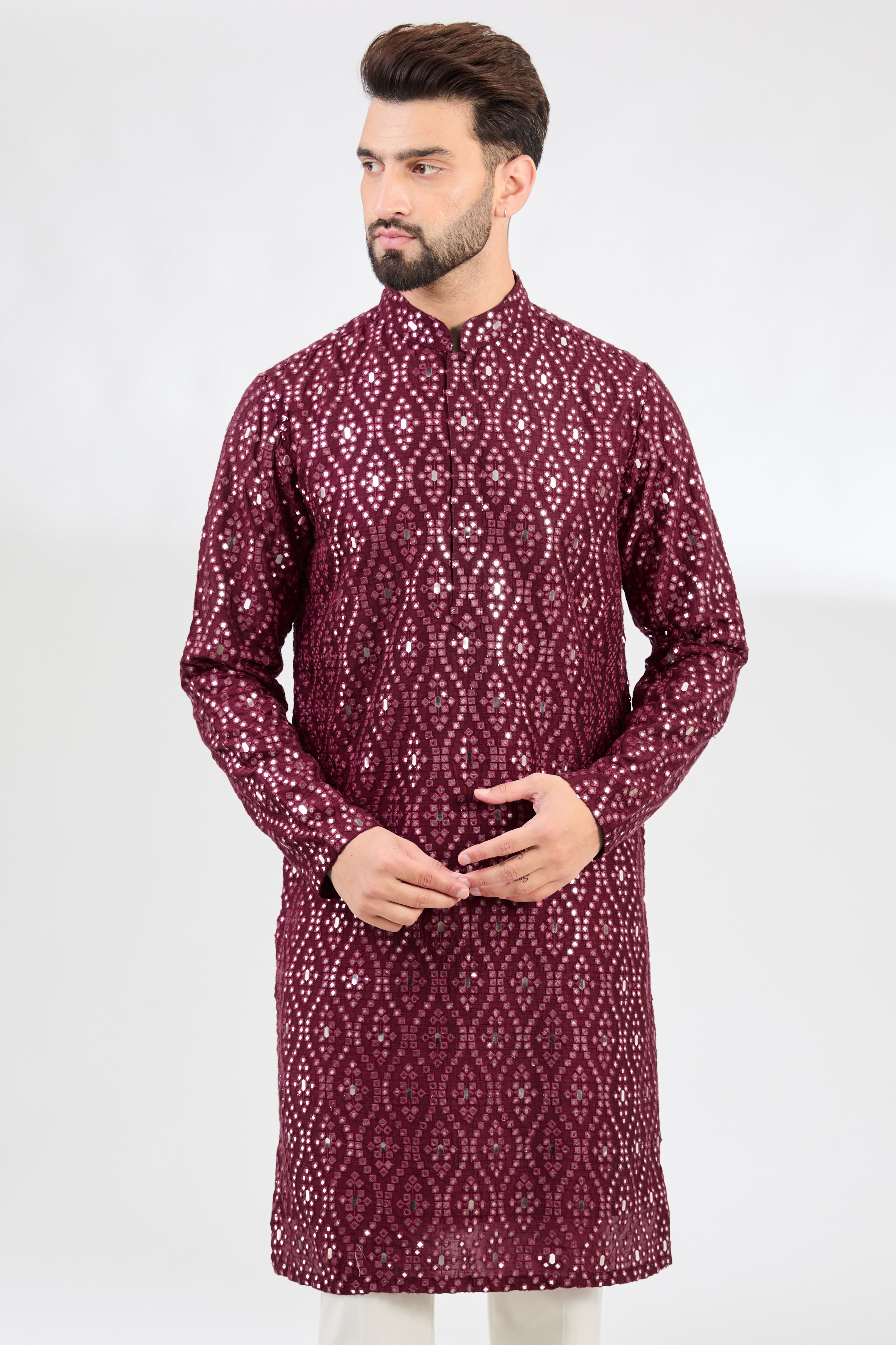 Burgendy classic mirror-work kurta - kasbahmen