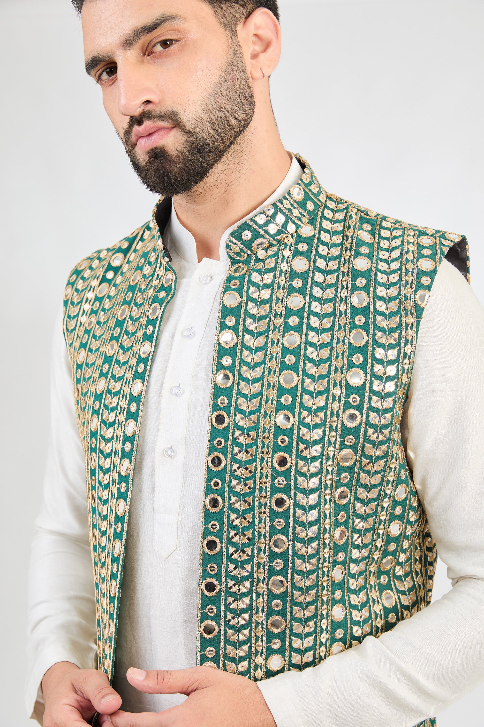 Mehndi green heavy mirror-work long open shrug. - kasbahmen