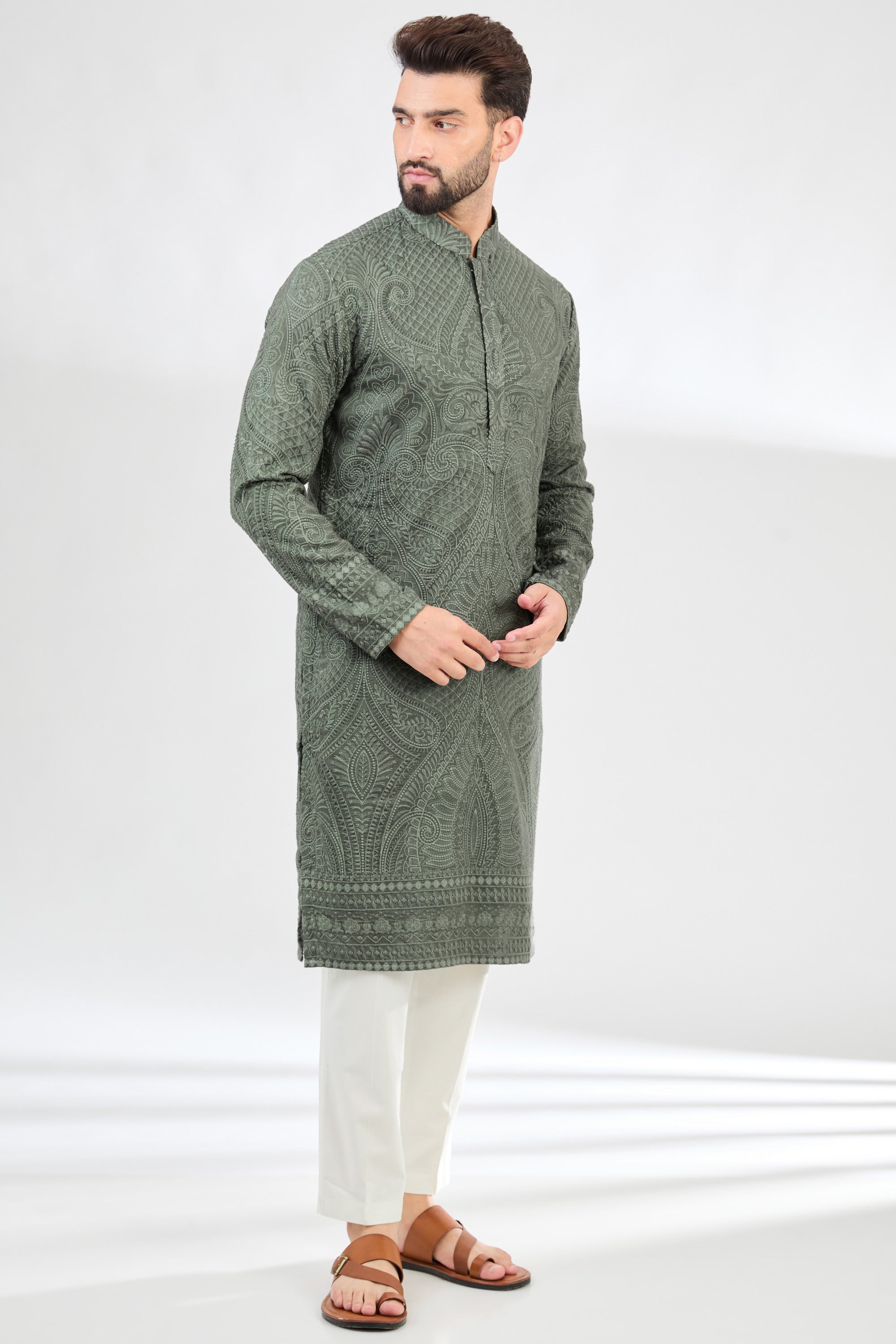 Military green kashmiri embroidered chikankari kurta. - kasbahmen