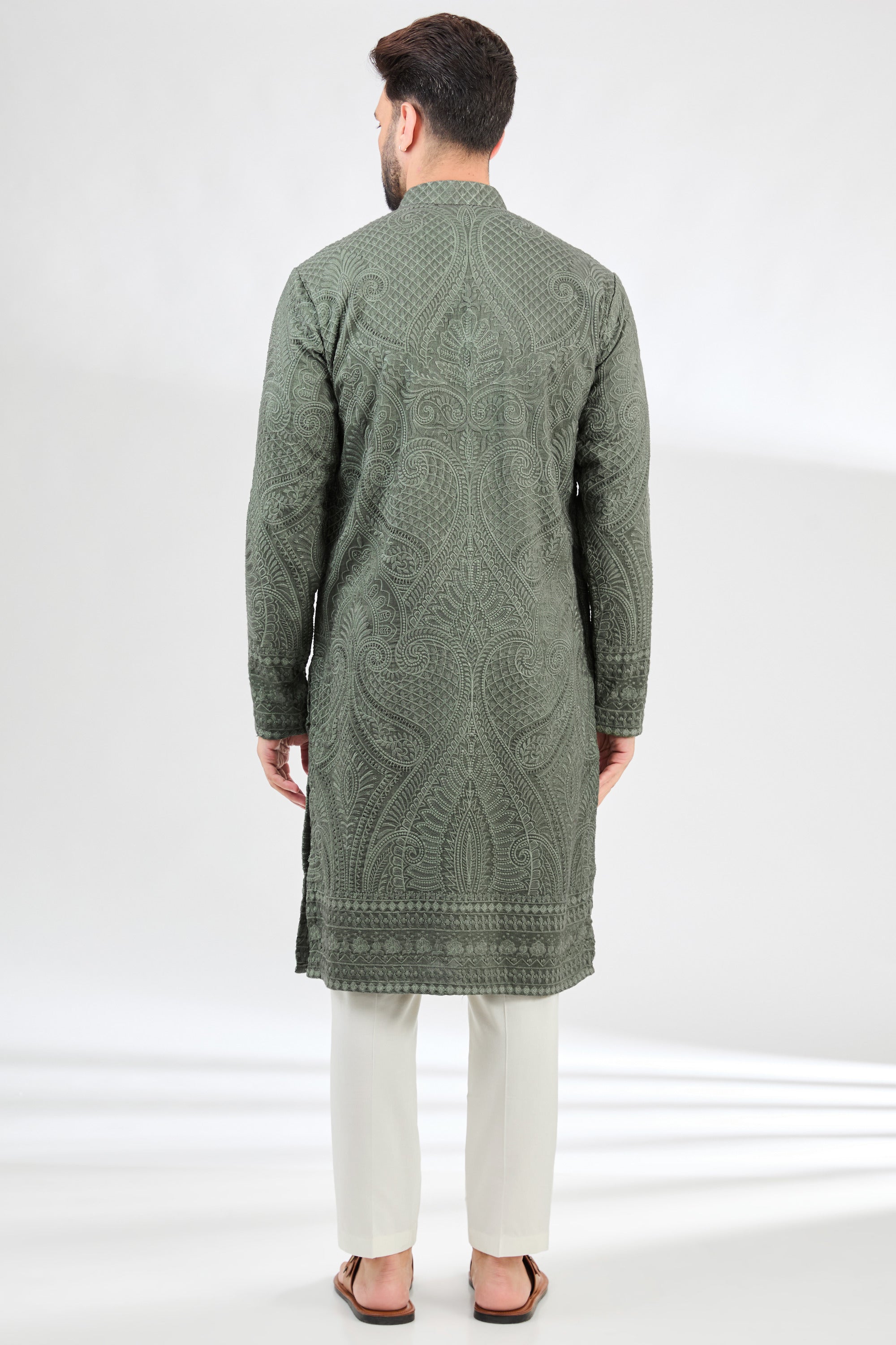 Military green kashmiri embroidered chikankari kurta. - kasbahmen