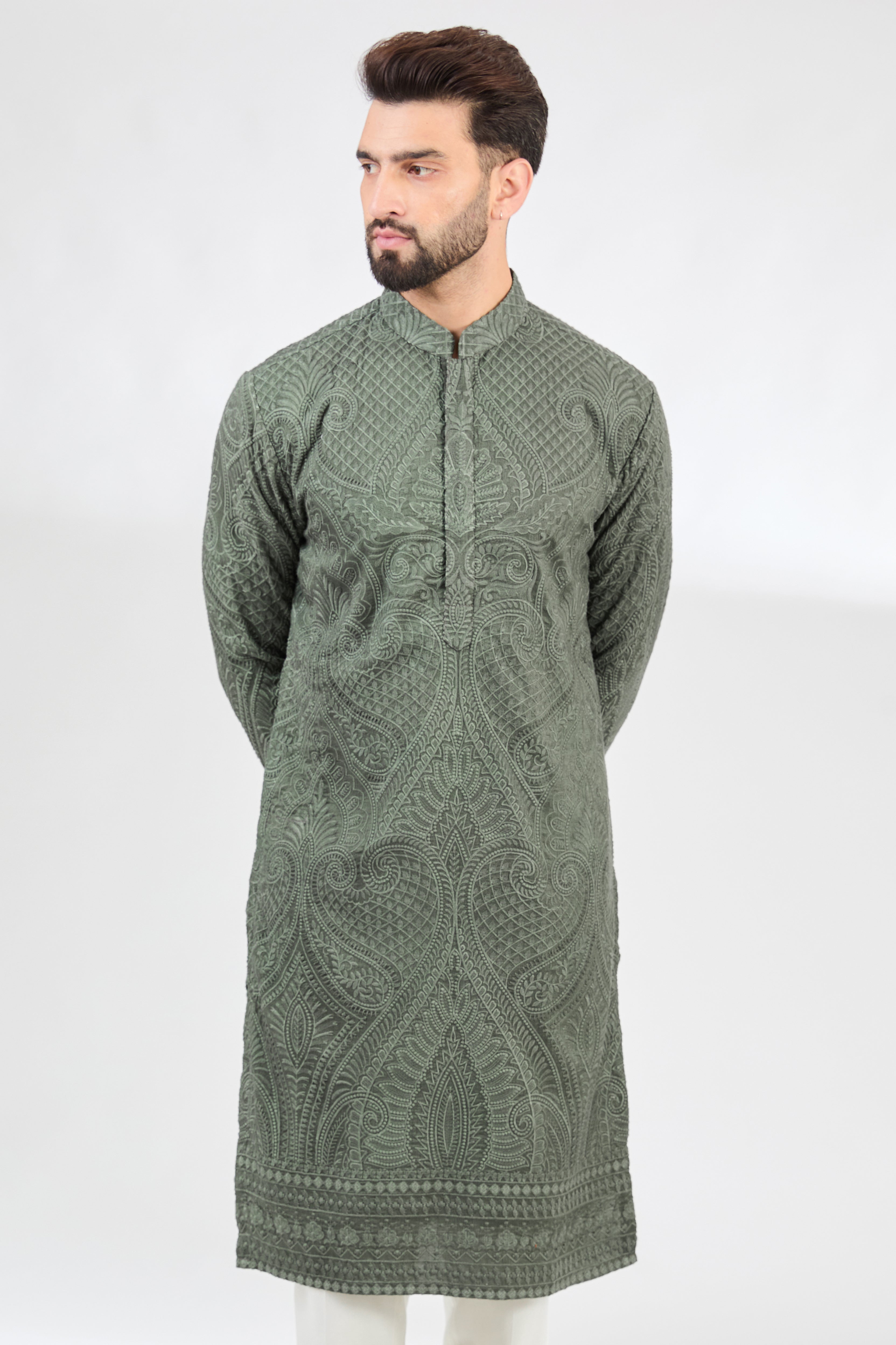 Military green kashmiri embroidered chikankari kurta. - kasbahmen