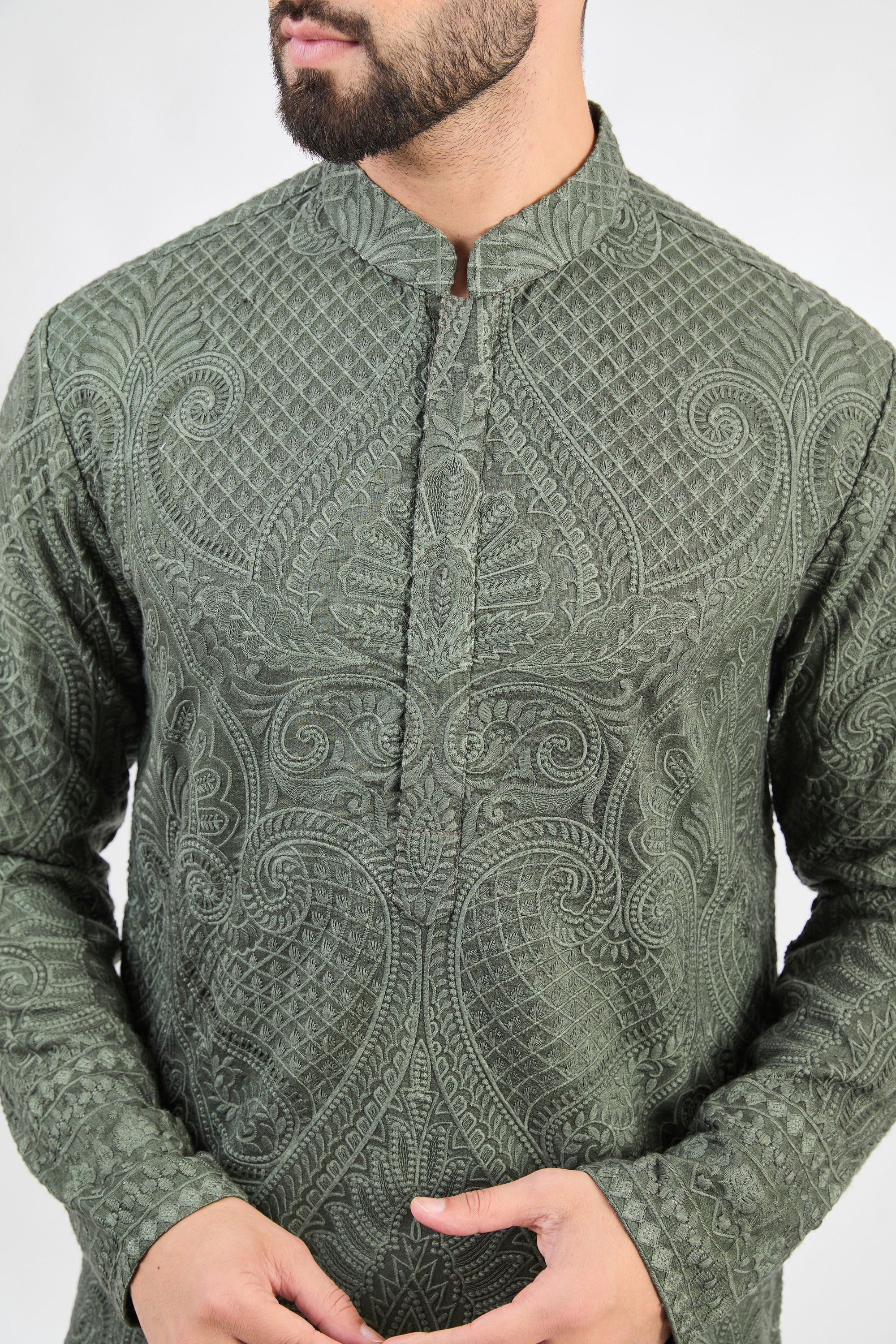 Military green kashmiri embroidered chikankari kurta. - kasbahmen