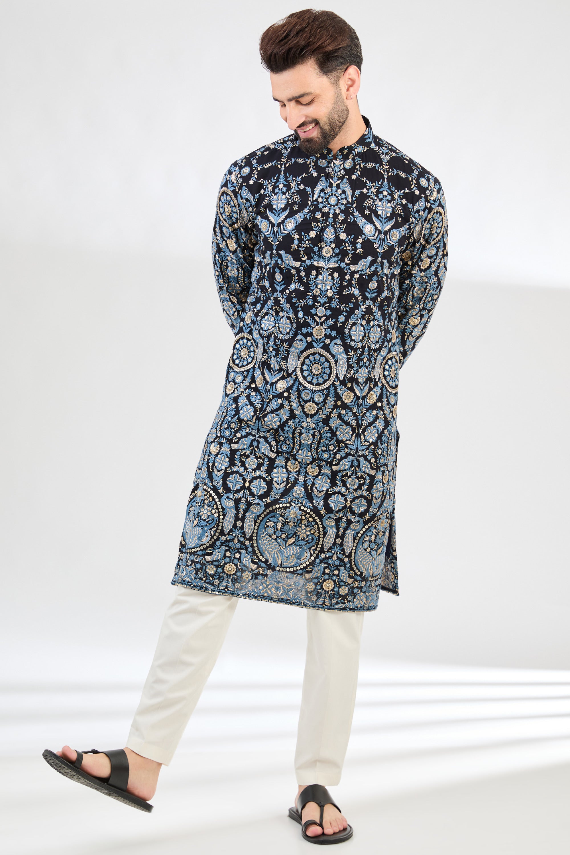 Blue flora and fauna thread-work kurta. - kasbahmen