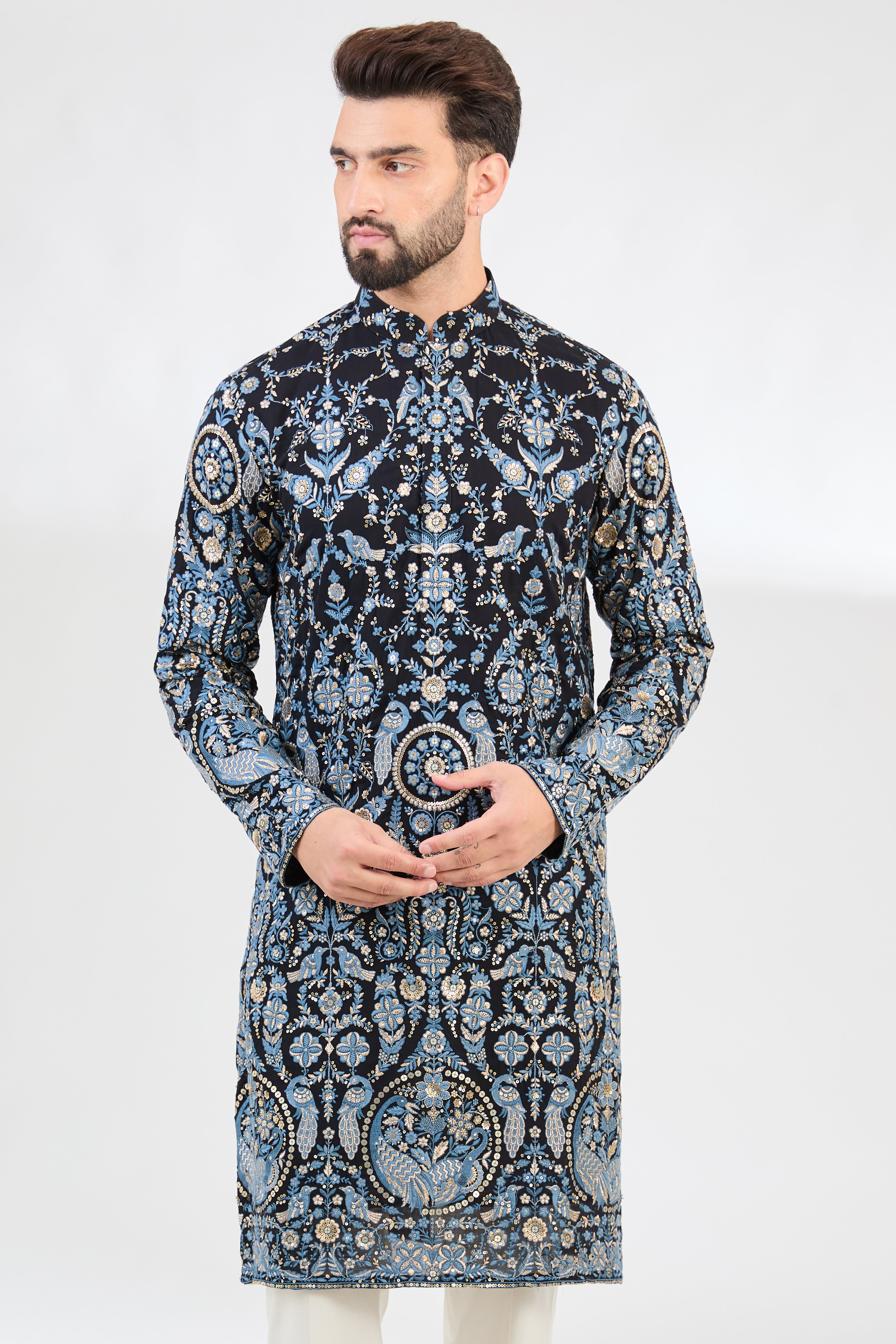 Blue flora and fauna thread-work kurta. - kasbahmen