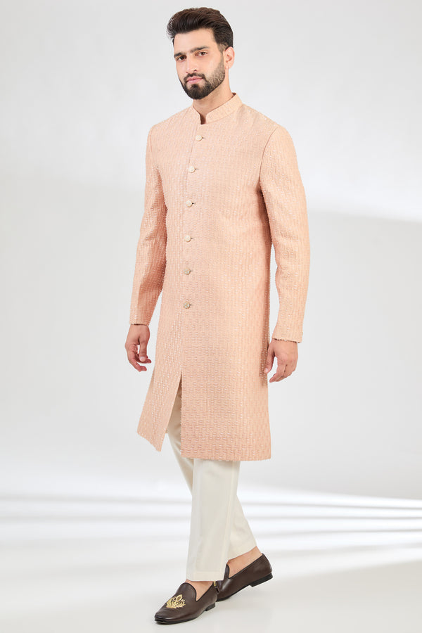 Light peach sherwani with detailed cut dana embroidery - kasbahmen