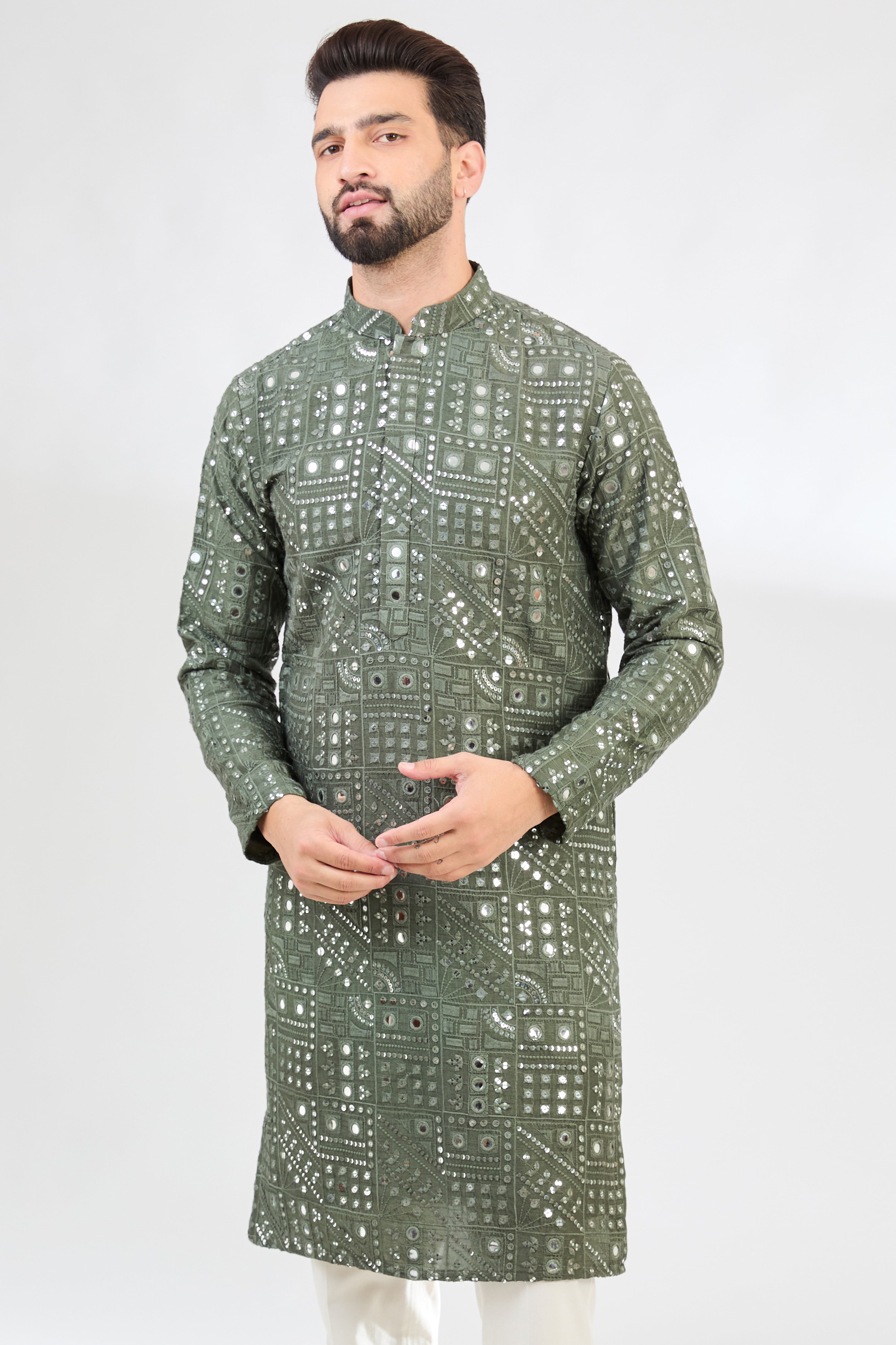 Military green mirror-work kurta - kasbahmen