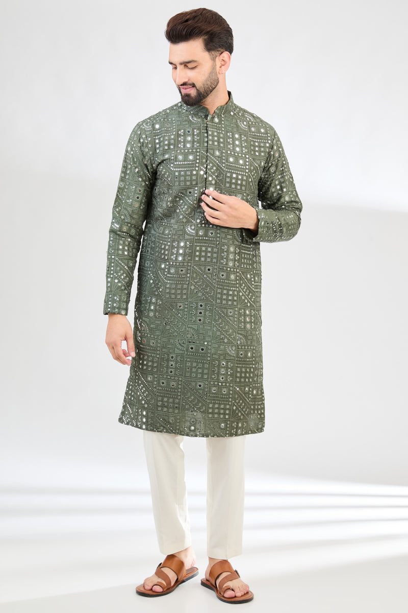 Military green mirror-work kurta - kasbahmen