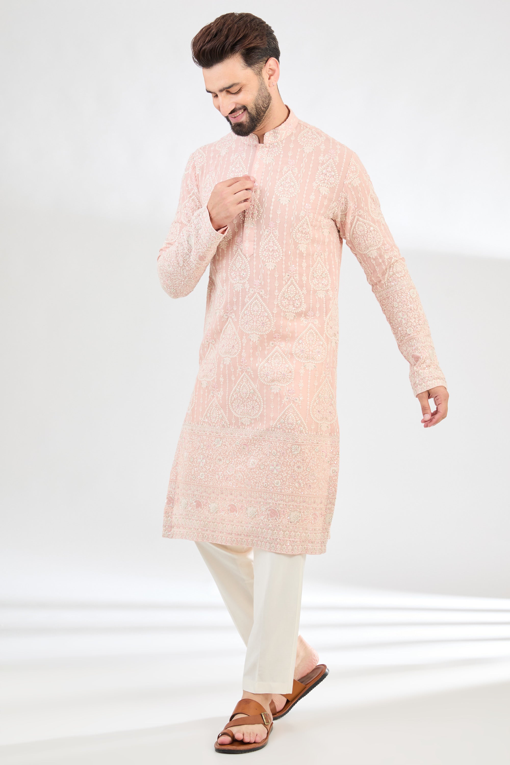 Pink Chikankari kurta with detailed multi-threadwork. - kasbahmen