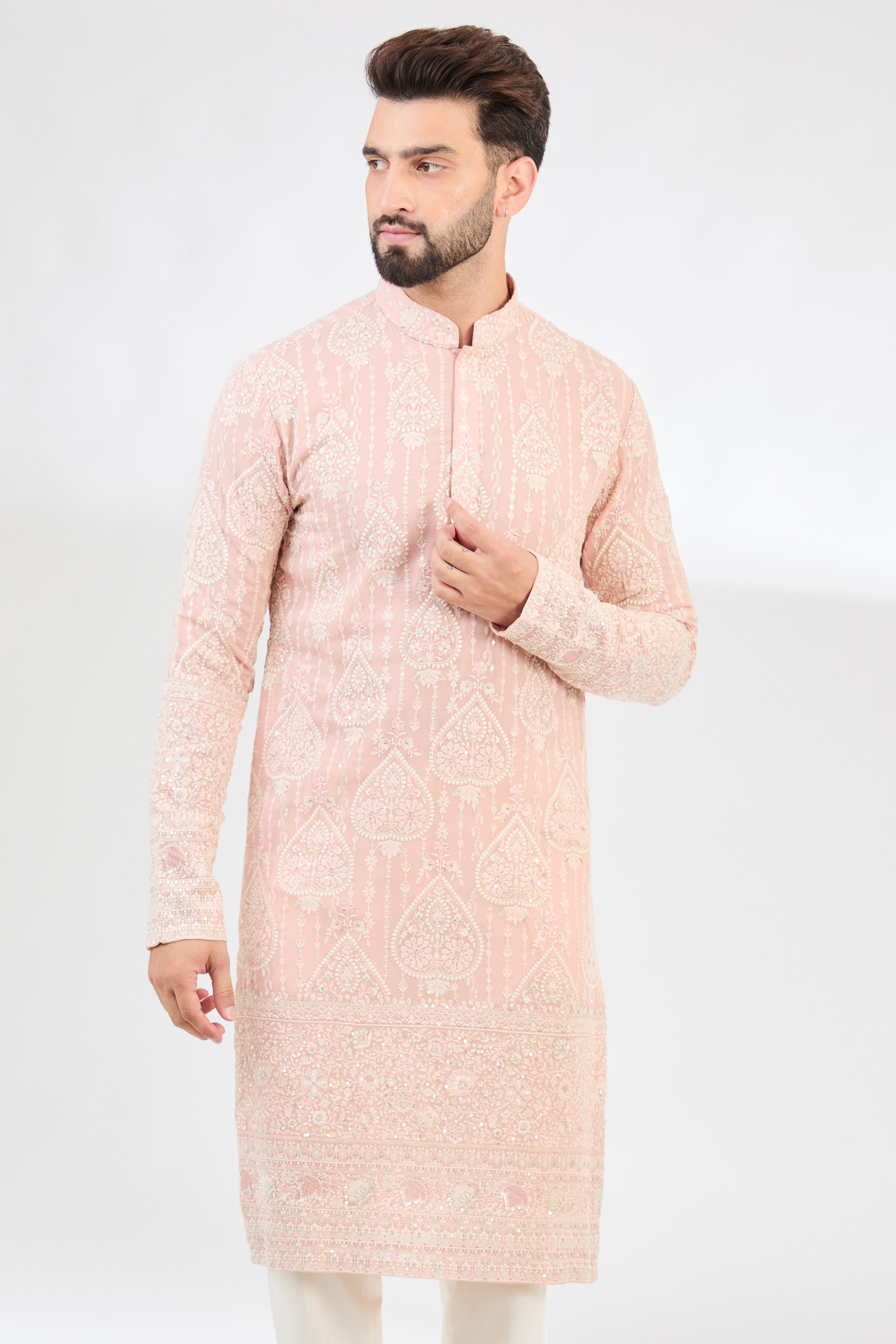 Pink Chikankari kurta with detailed multi-threadwork. - kasbahmen