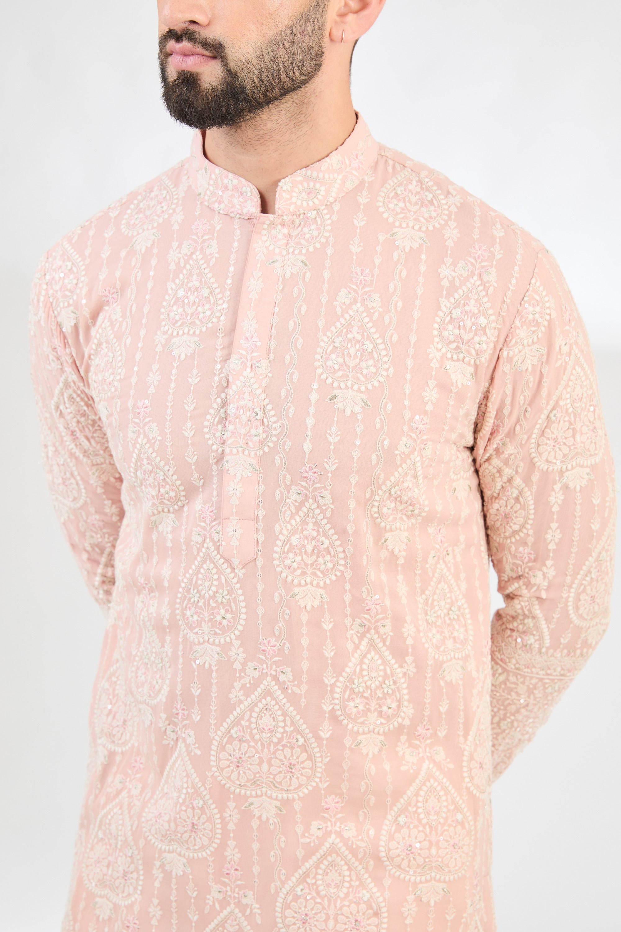 Pink Chikankari kurta with detailed multi-threadwork. - kasbahmen