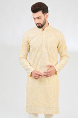 Lemon yellow chikankari kurta with detailed paisley motifs. - kasbahmen