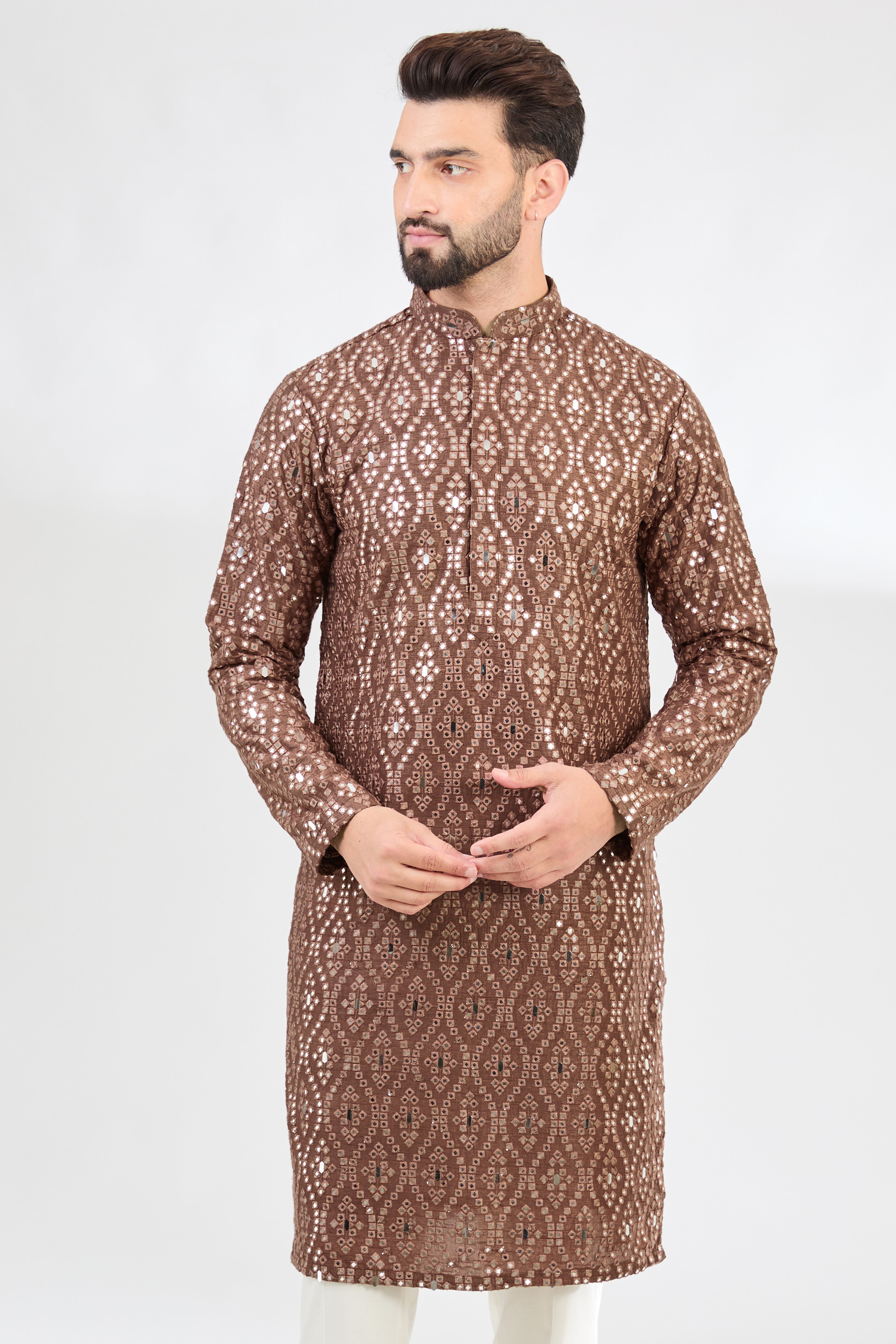 Mauve -taupe classic mirror-work kurta. - kasbahmen