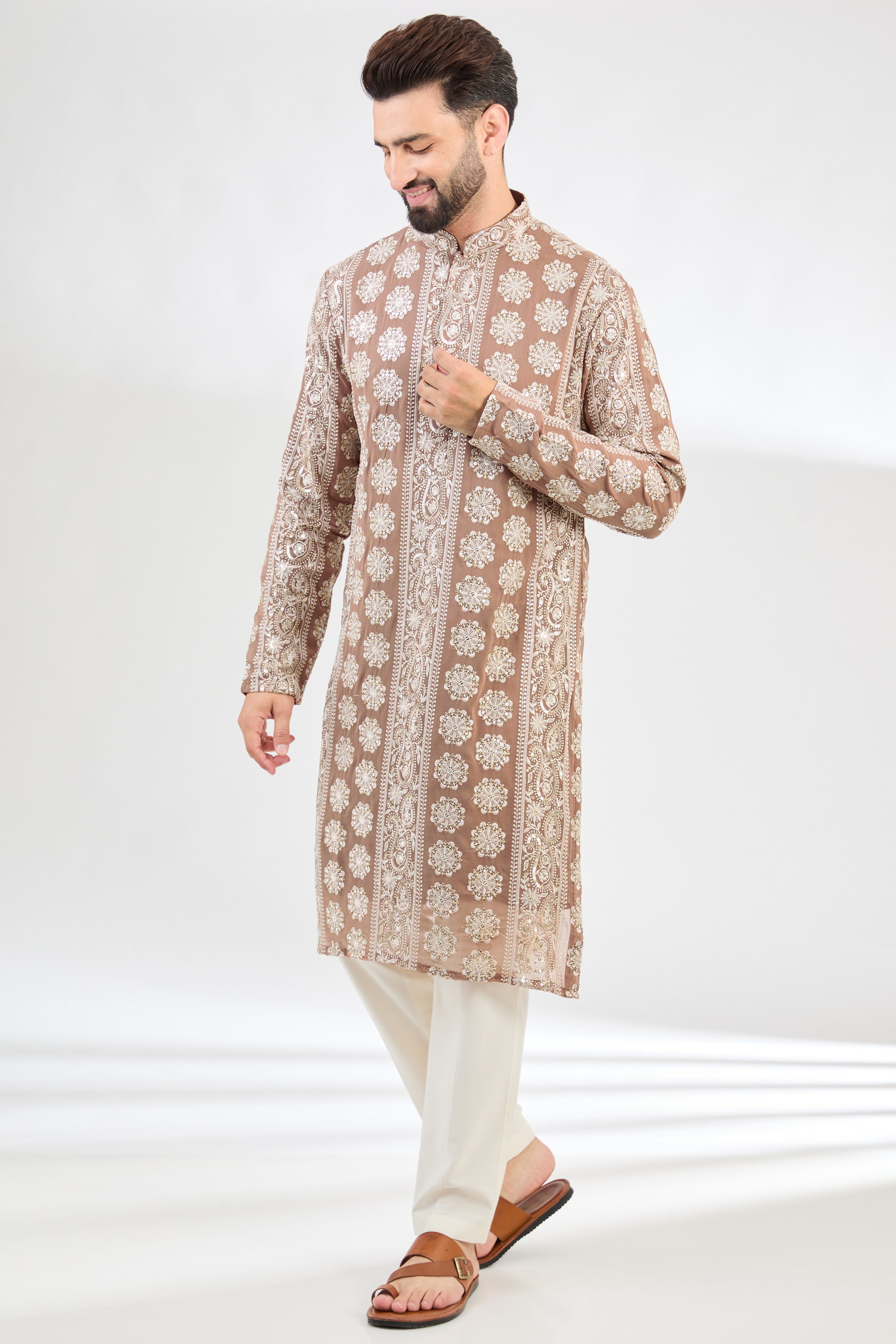 Beige Brown chukankari kurta with intricate paisley motifs. - kasbahmen