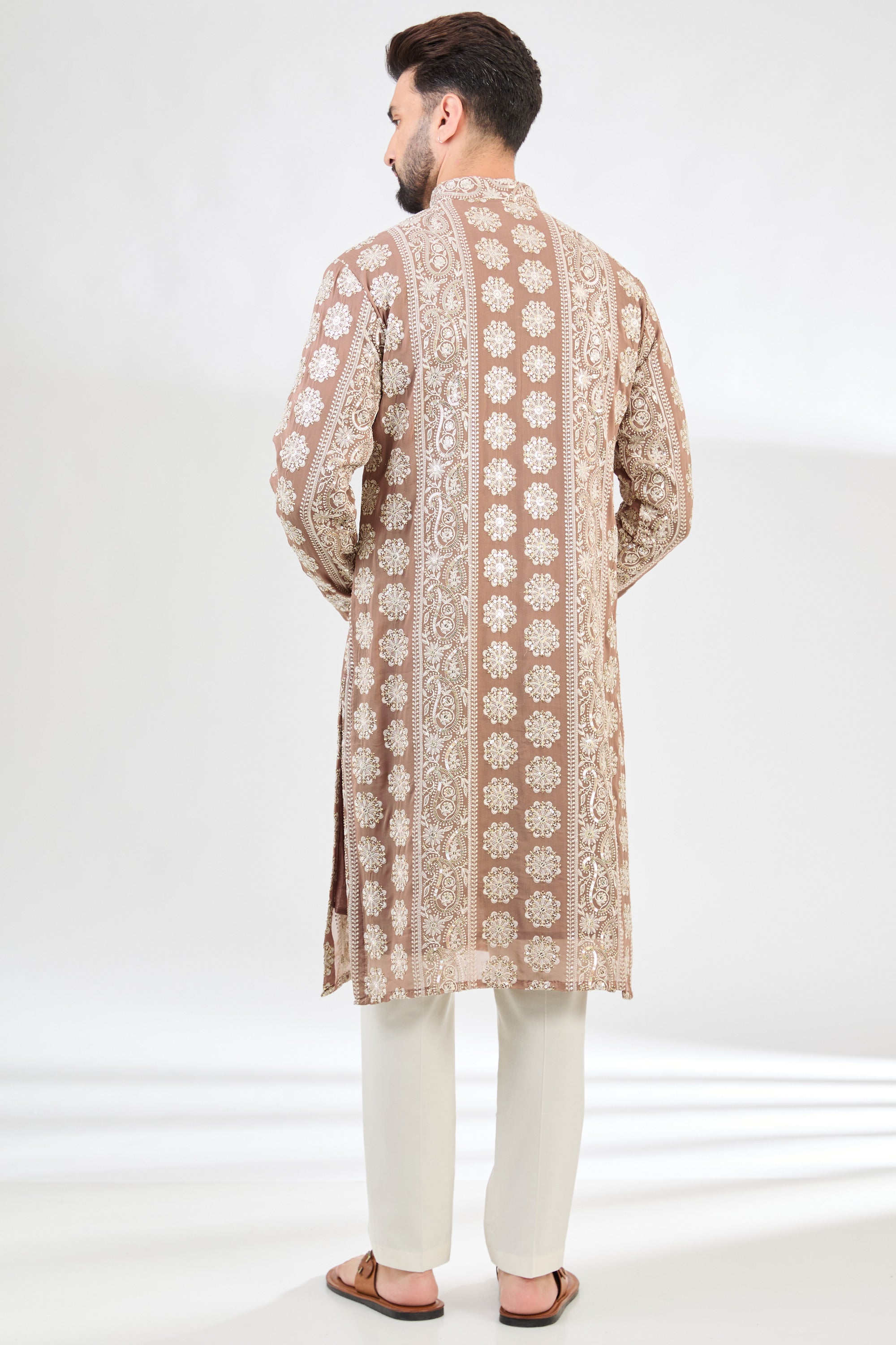 Beige Brown chukankari kurta with intricate paisley motifs. - kasbahmen