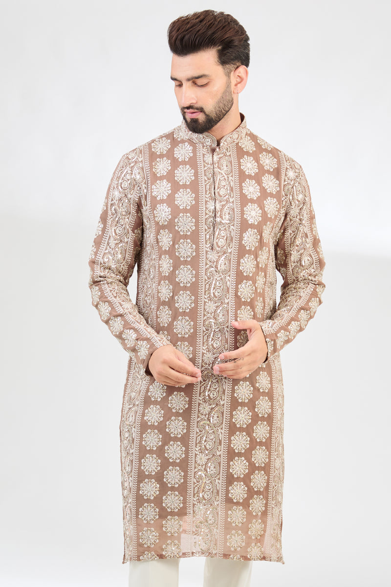 Beige Brown chukankari kurta with intricate paisley motifs. - kasbahmen