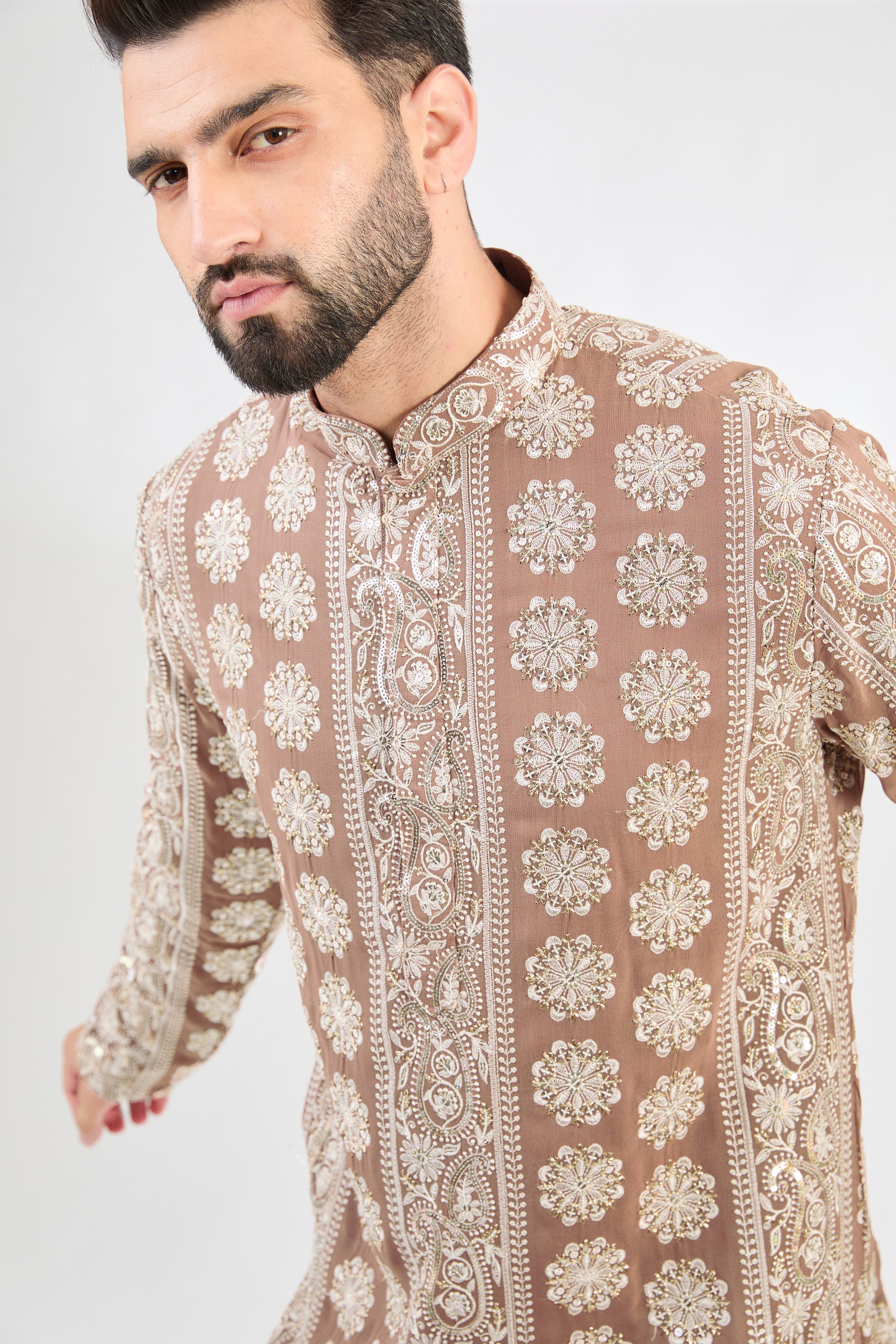 Beige Brown chukankari kurta with intricate paisley motifs. - kasbahmen