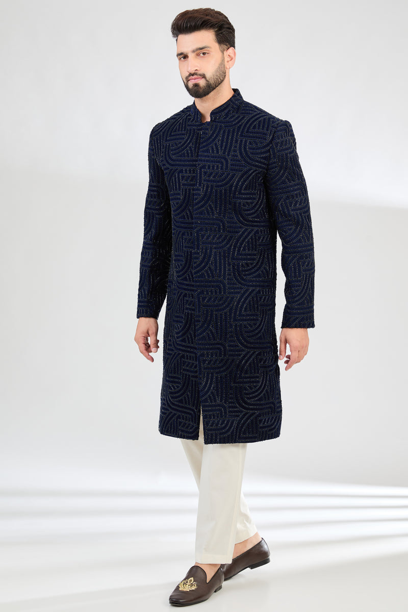 Navy Blue geometrically embroidered sherwani with intricate cut-dana embroidery. - kasbahmen