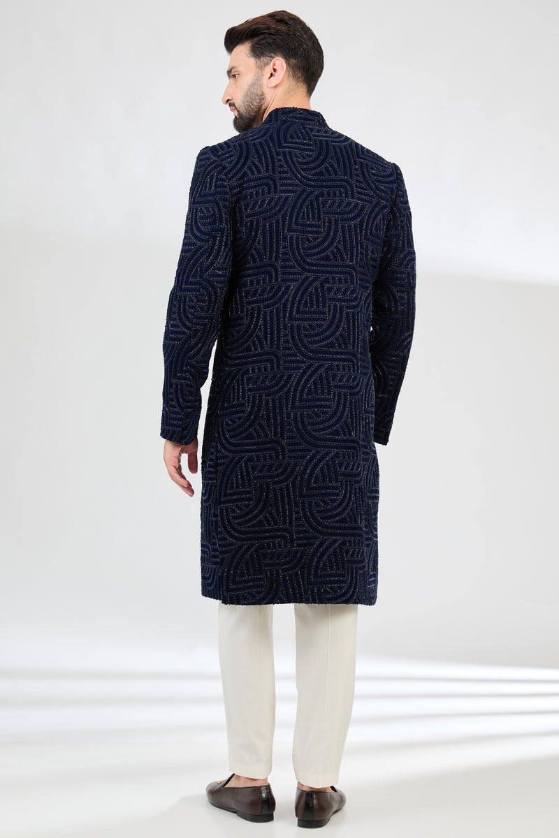 Navy Blue geometrically embroidered sherwani with intricate cut-dana embroidery. - kasbahmen