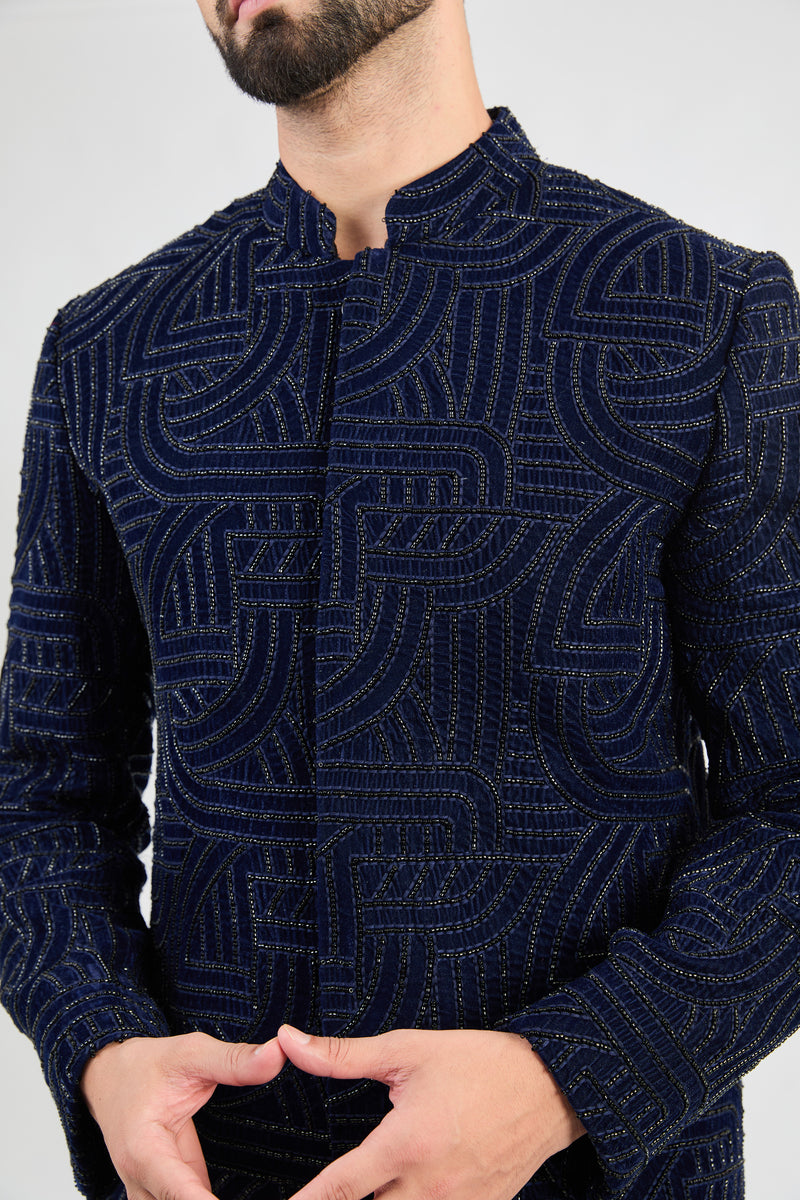 Navy Blue geometrically embroidered sherwani with intricate cut-dana embroidery. - kasbahmen