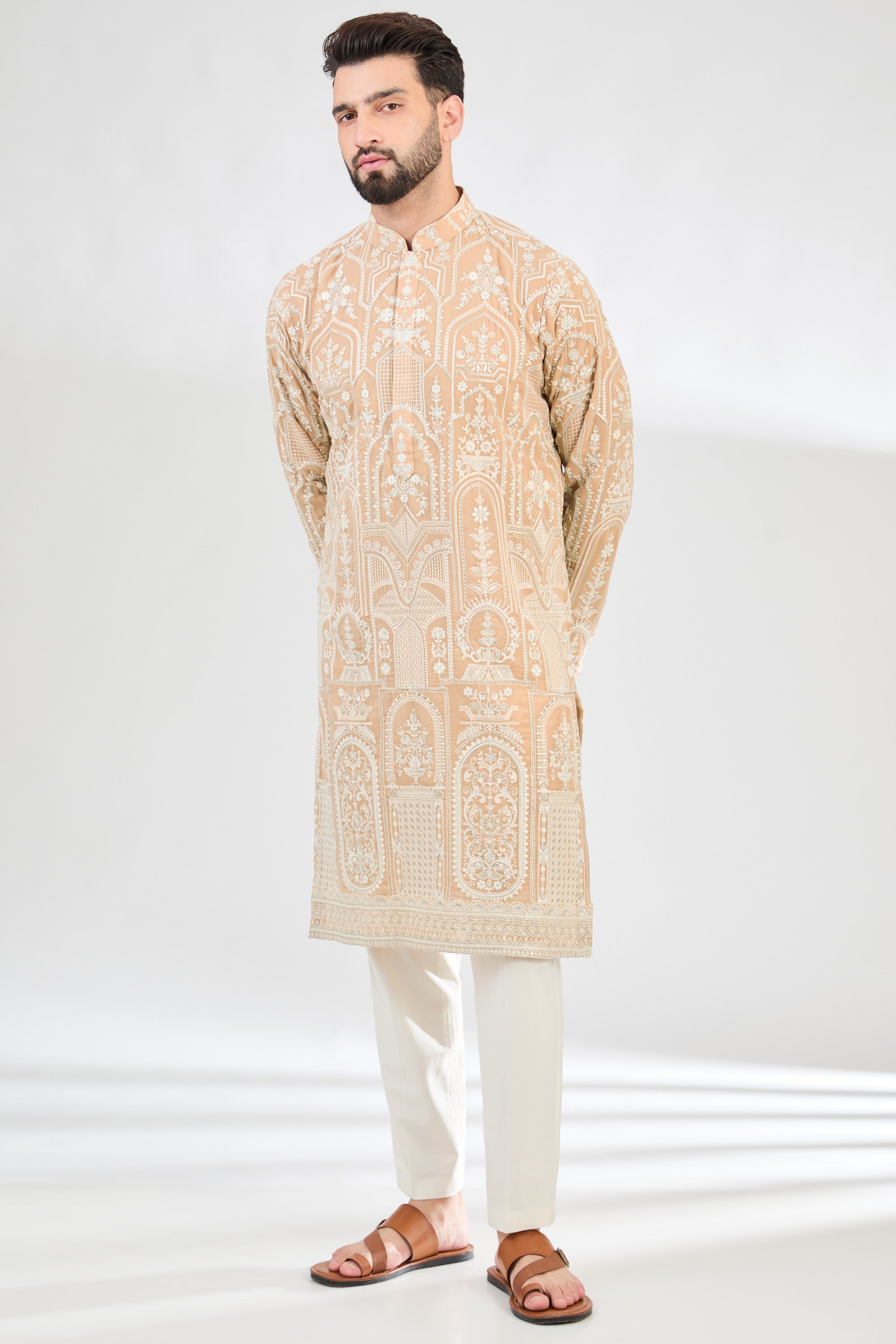 Mouse-cream chikankari kurta with ivory cream thread-work and silver highlighting. - kasbahmen