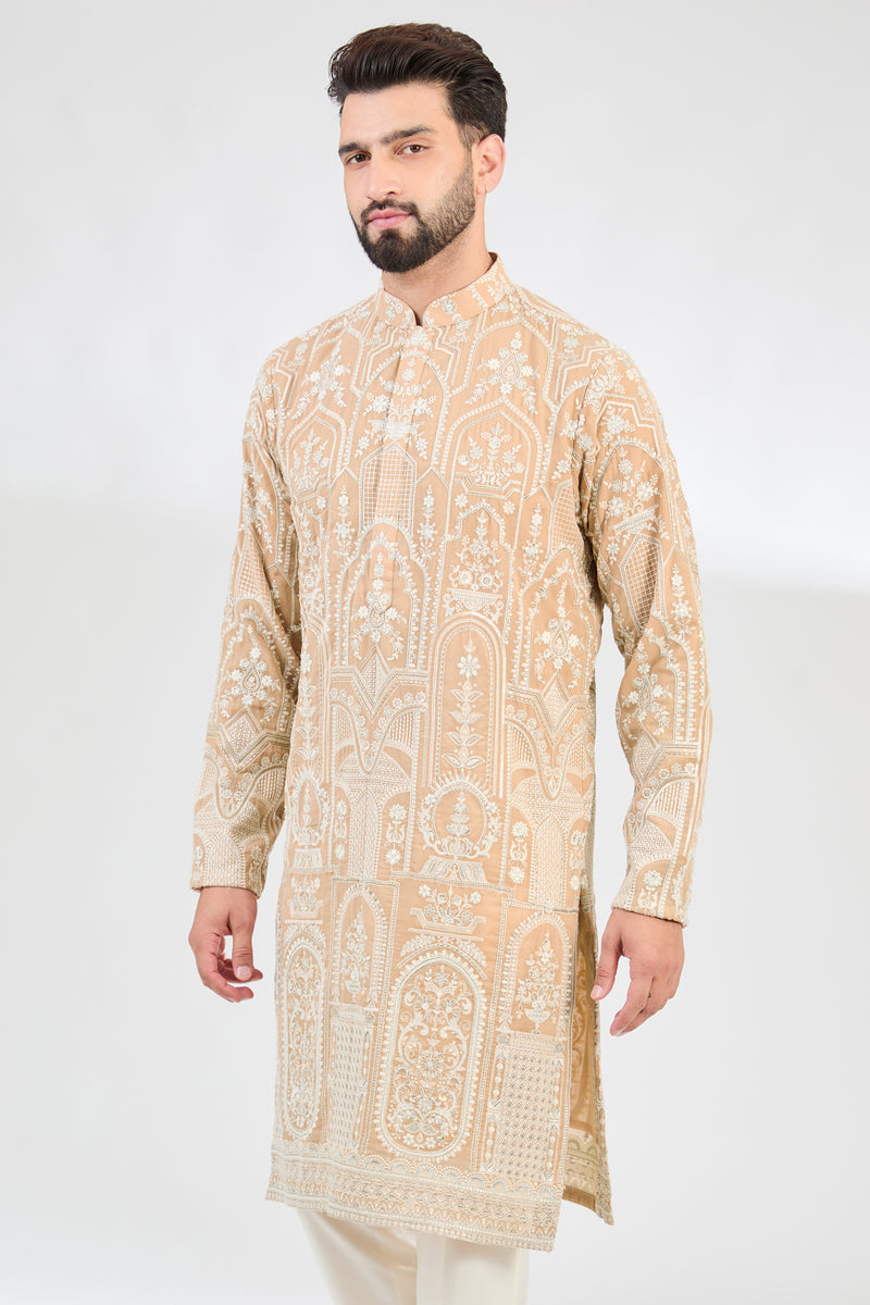 Mouse-cream chikankari kurta with ivory cream thread-work and silver highlighting. - kasbahmen