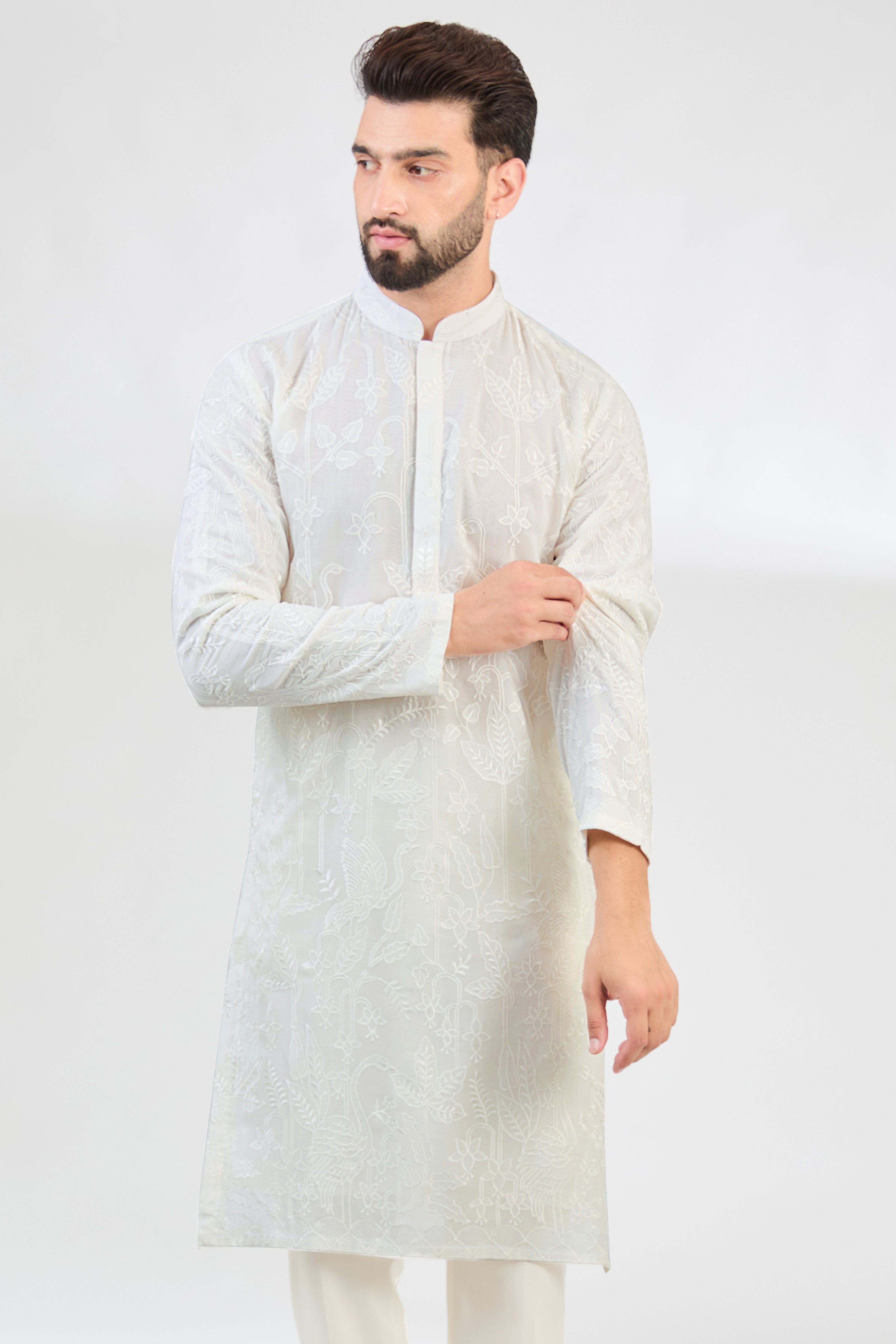 White chikankari threadwork kurta with detailed flora and fauna embroidery. - kasbahmen