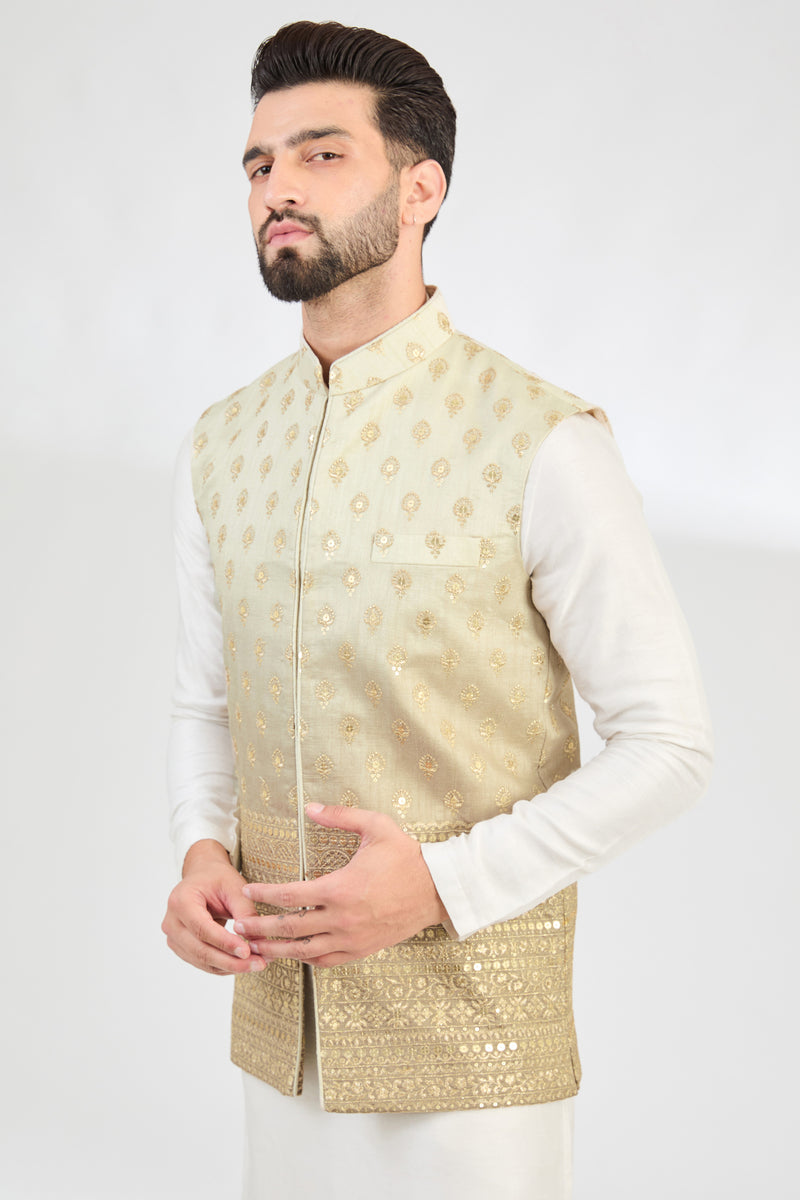 Ombre shaded nude-grey nehru jacket with zari embroidery.Ombre shaded coral peach nehru jacket with zari embroidery. - kasbahmen