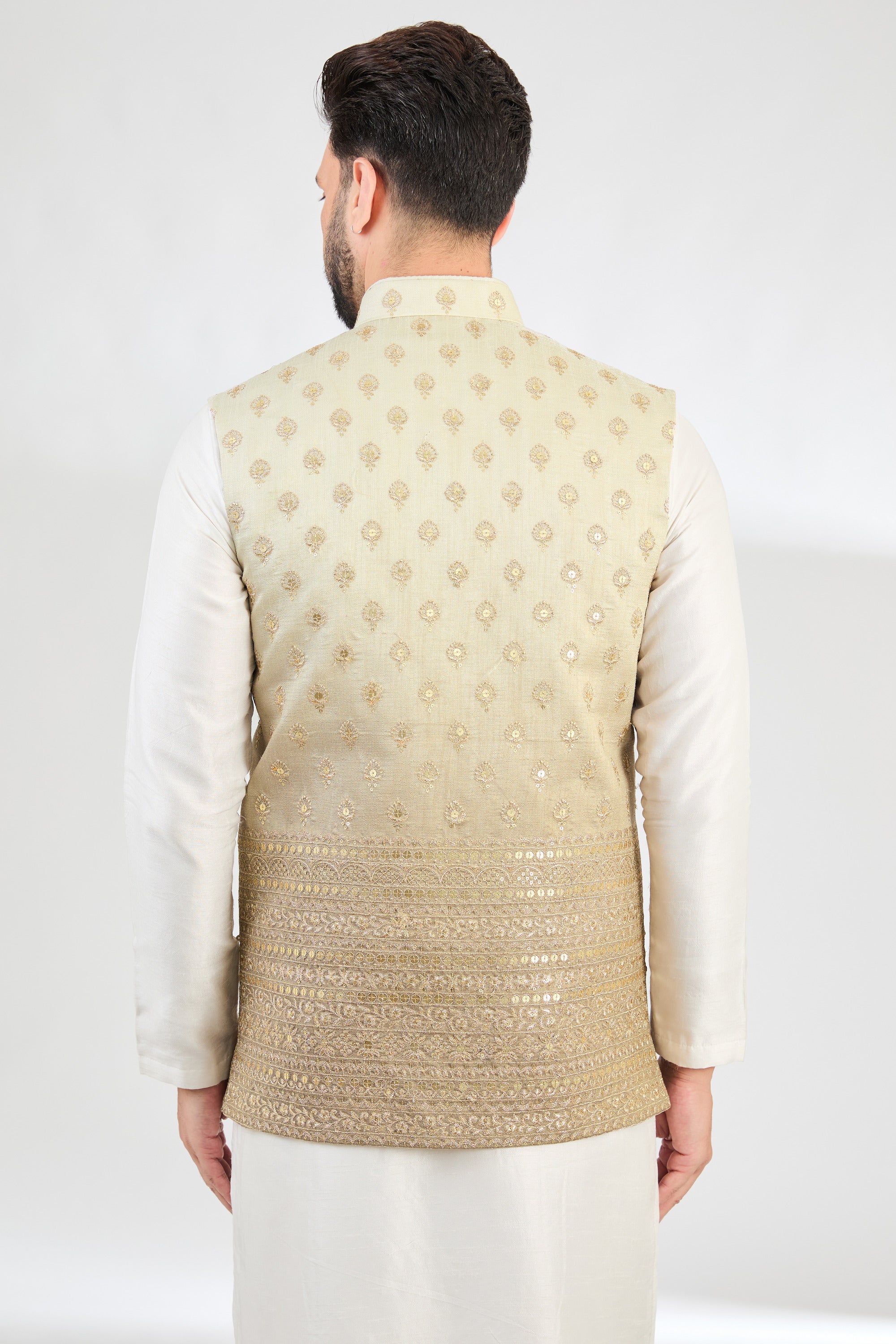 Ombre shaded nude-grey nehru jacket with zari embroidery.Ombre shaded coral peach nehru jacket with zari embroidery. - kasbahmen