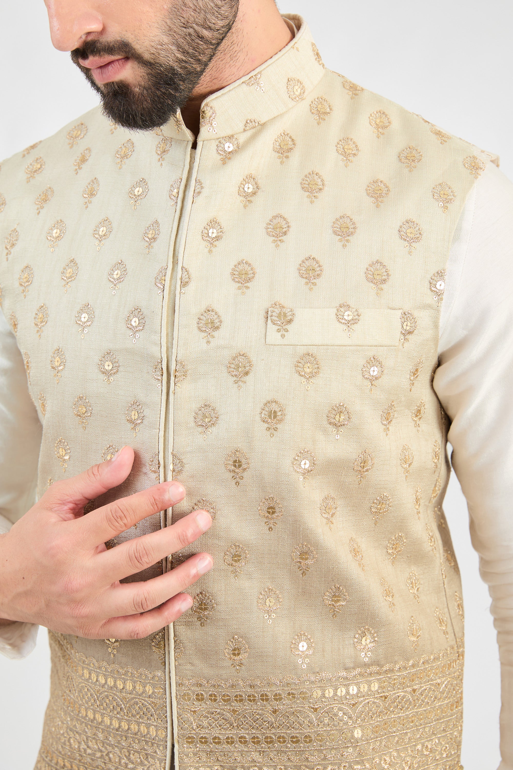 Ombre shaded nude-grey nehru jacket with zari embroidery.Ombre shaded coral peach nehru jacket with zari embroidery. - kasbahmen