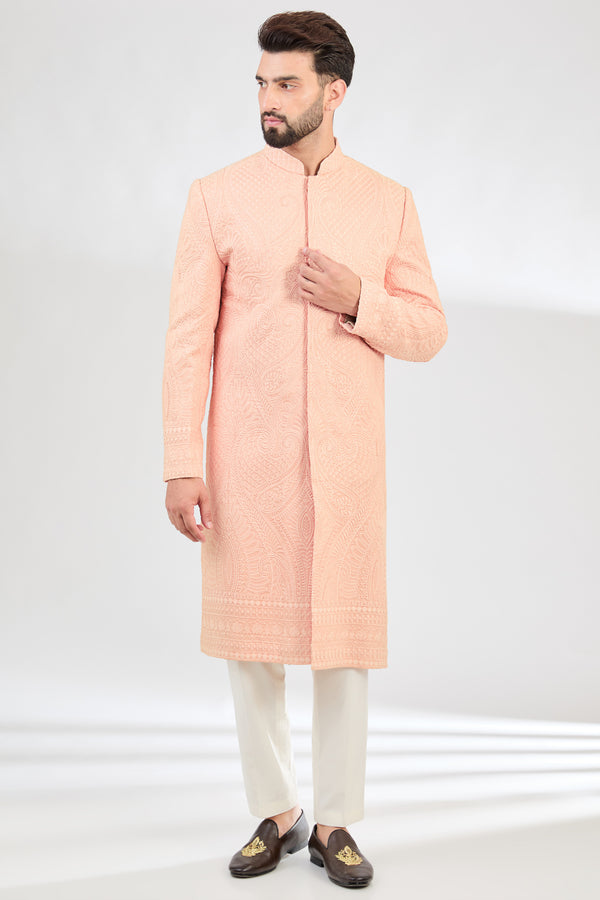 Peach kashmiri embroidered sherwani. - kasbahmen