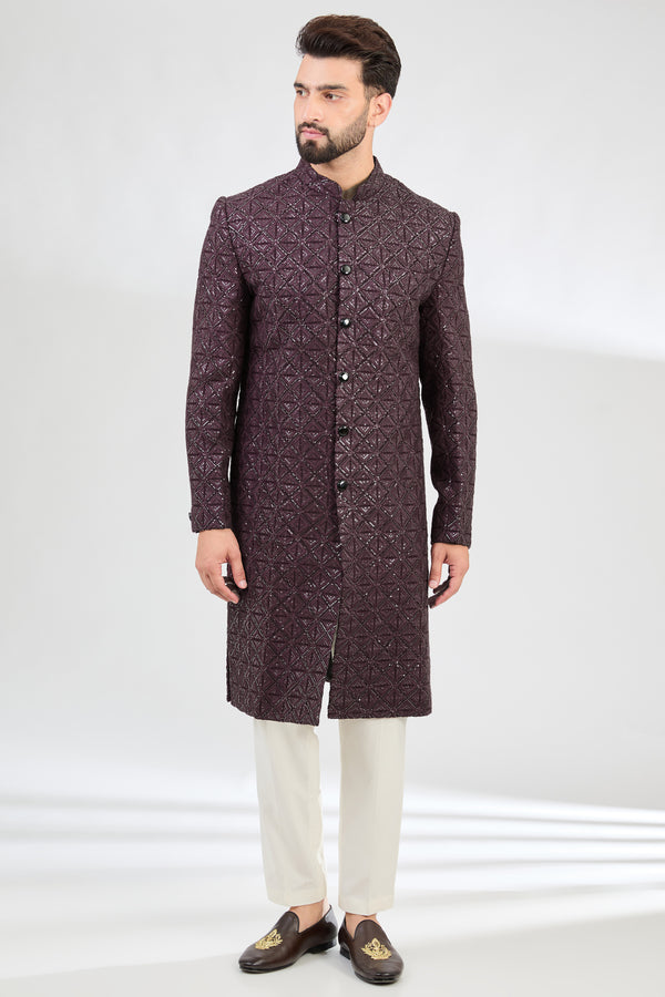 Wine chikankari sherwani with detailed sequin embroidery. - kasbahmen