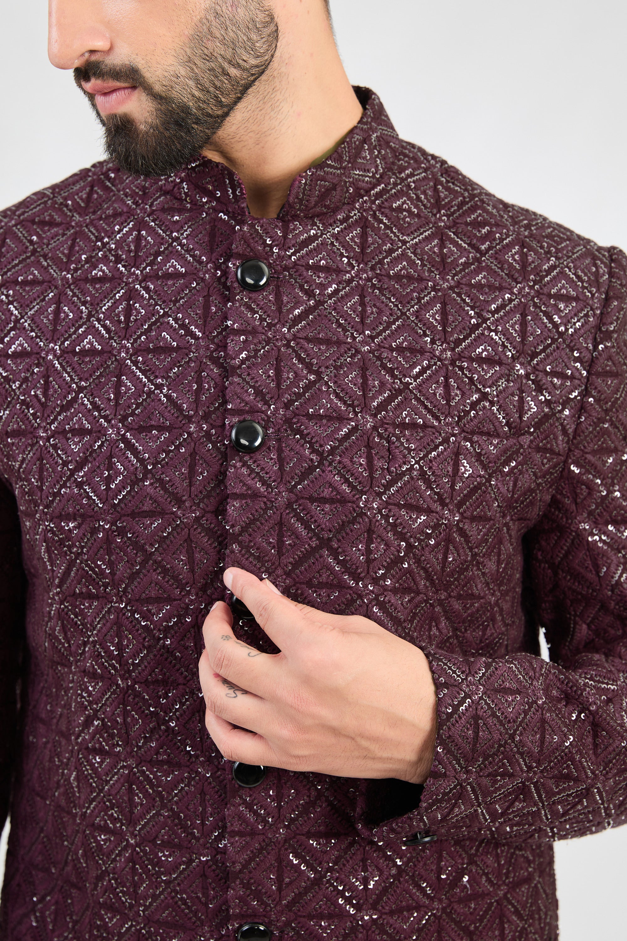 Wine chikankari sherwani with detailed sequin embroidery. - kasbahmen