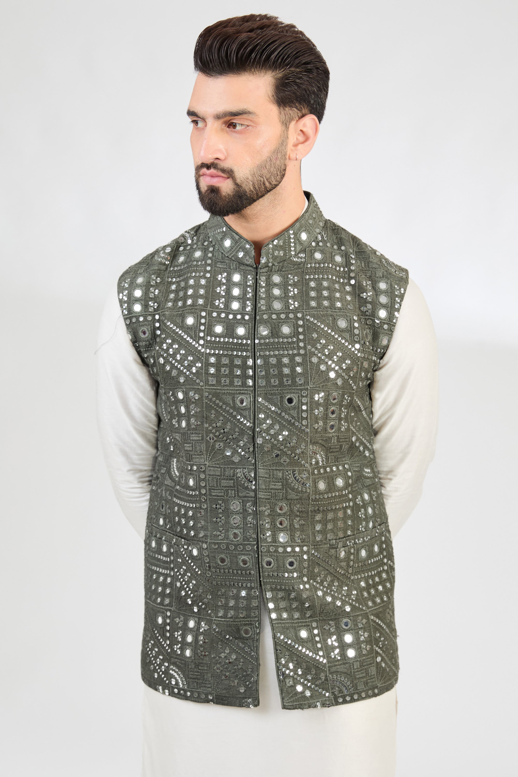 Military green abstract mirror-work jacket. - kasbahmen