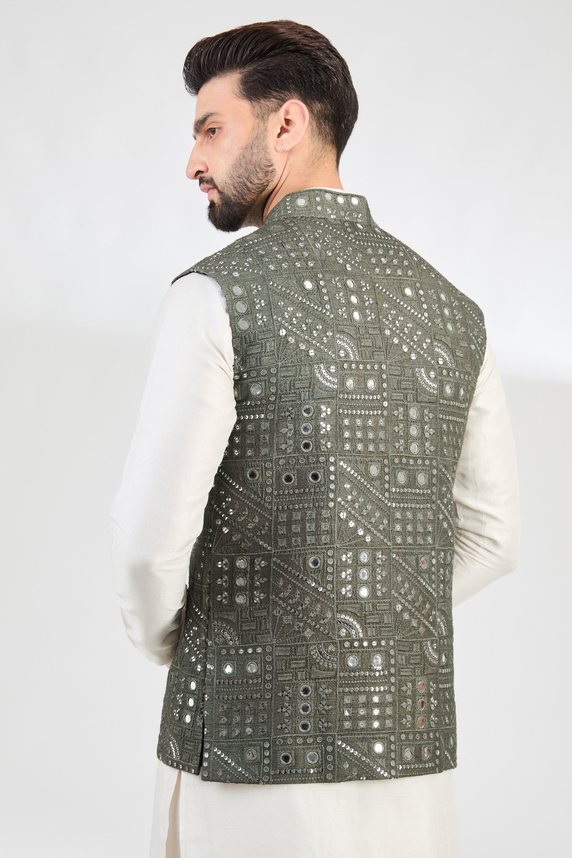 Military green abstract mirror-work jacket. - kasbahmen