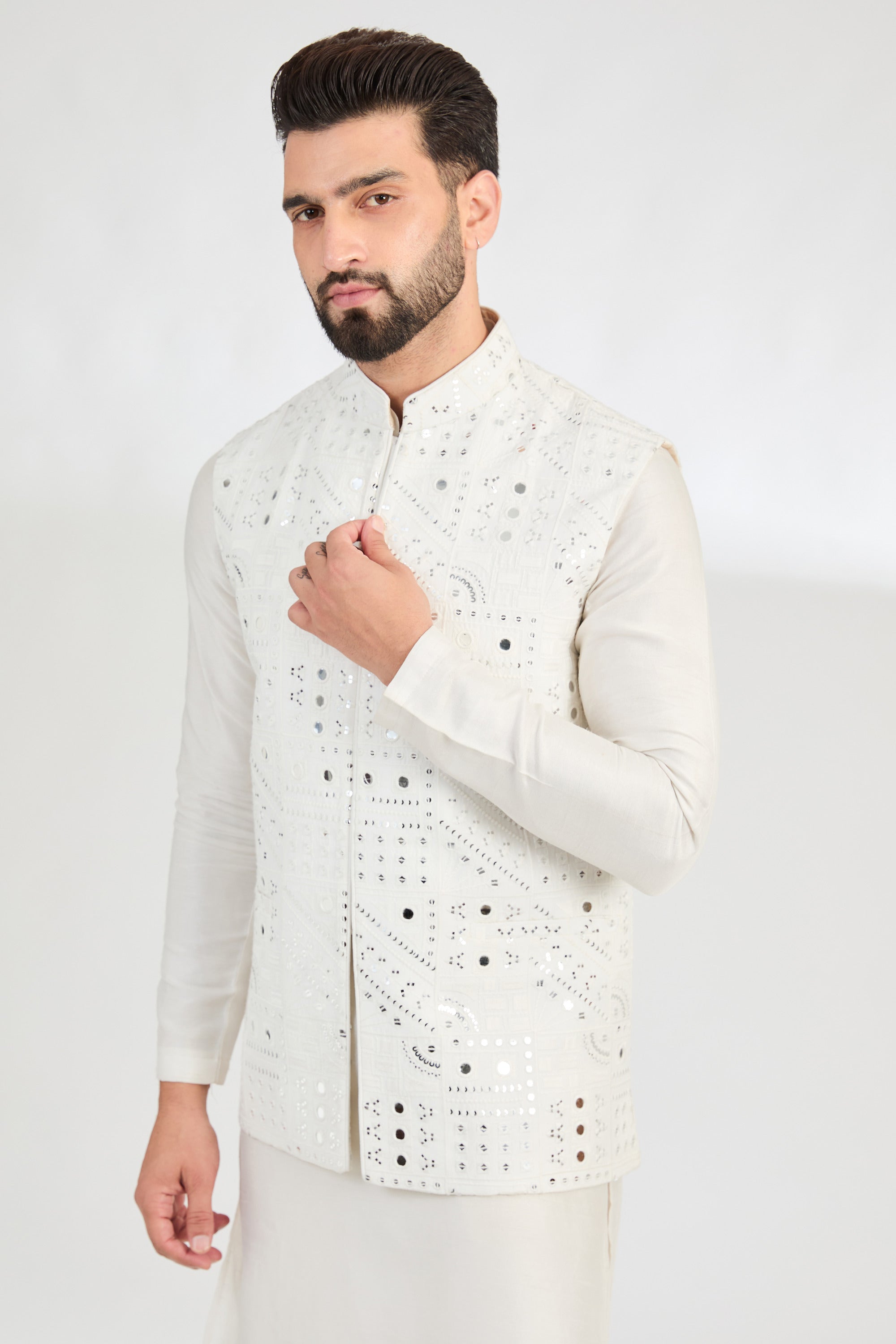 Ivory abstract mirror-work jacket. - kasbahmen