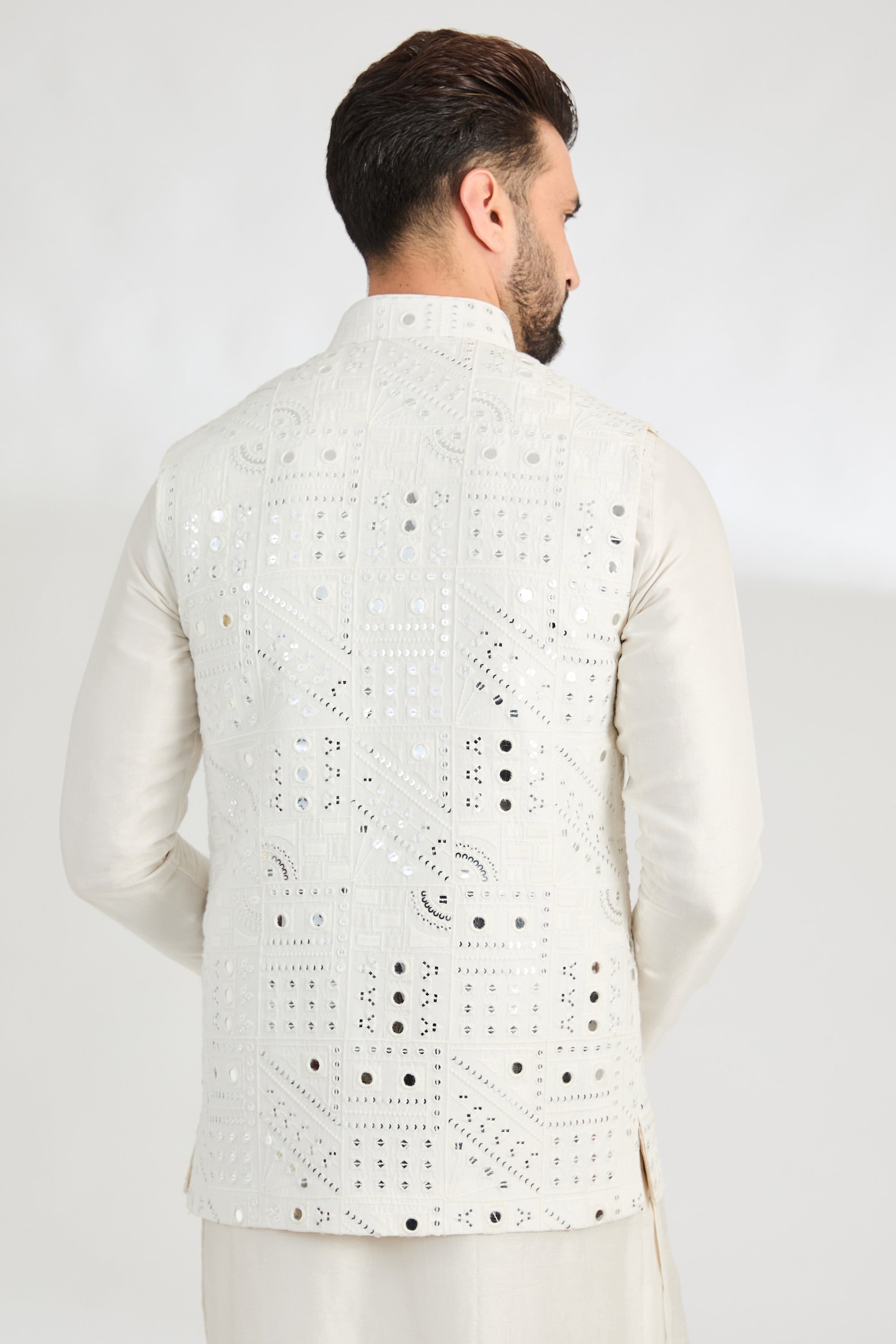 Ivory abstract mirror-work jacket. - kasbahmen