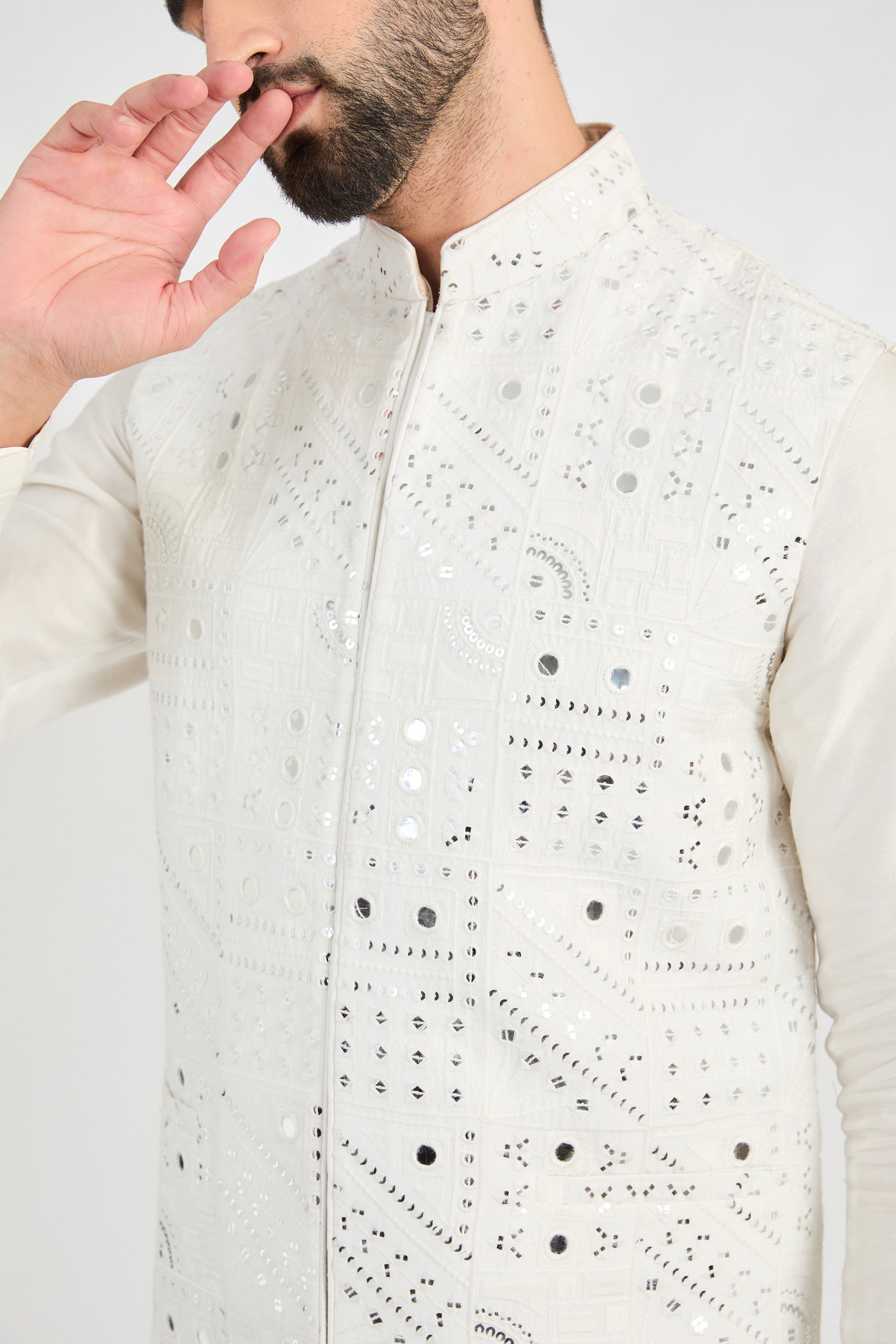 Ivory abstract mirror-work jacket. - kasbahmen